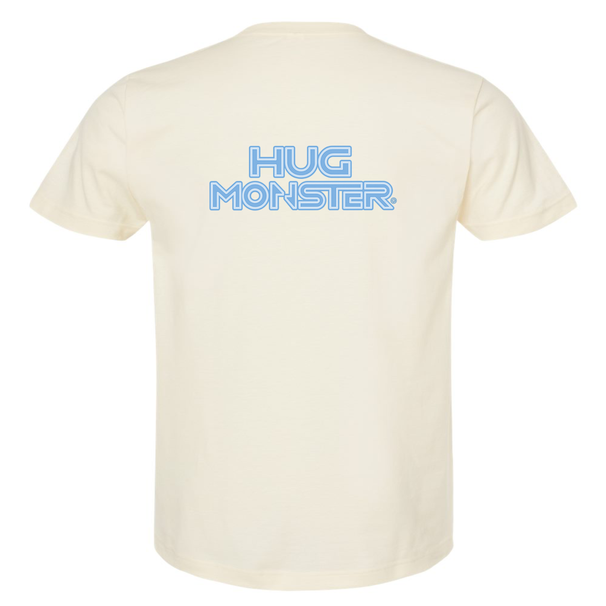 Hug Monster Electric Grid (Chalk Blue Logo) - Positive Message Graphic Tee in Natural – Back View