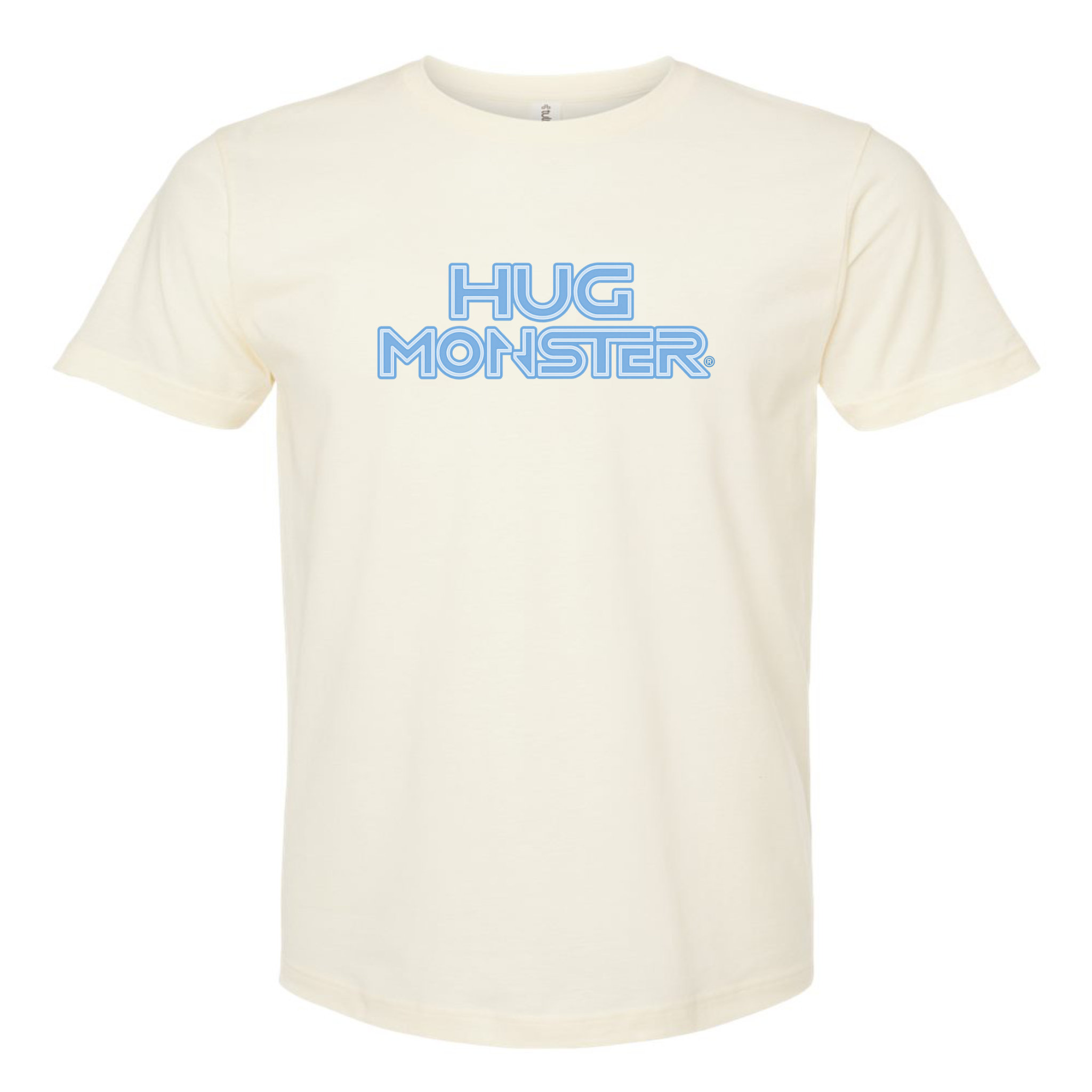 Hug Monster Electric Grid (Chalk Blue Logo) - Positive Message Graphic Tee in Natural – Front View