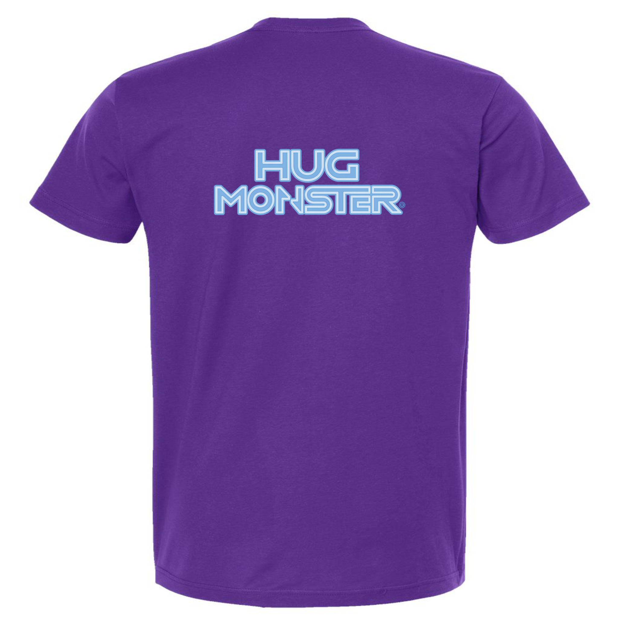 Hug Monster Electric Grid (Chalk Blue Logo) - Positive Message Graphic Tee in Purple – Back View