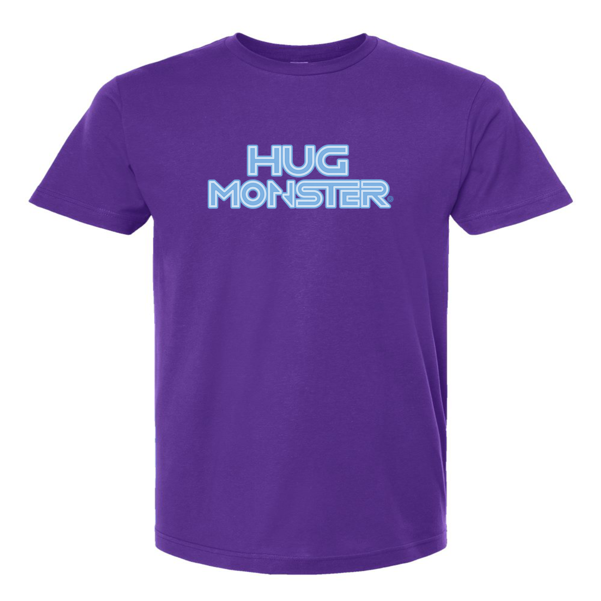 Hug Monster Electric Grid (Chalk Blue Logo) - Positive Message Graphic Tee in Purple – Front View