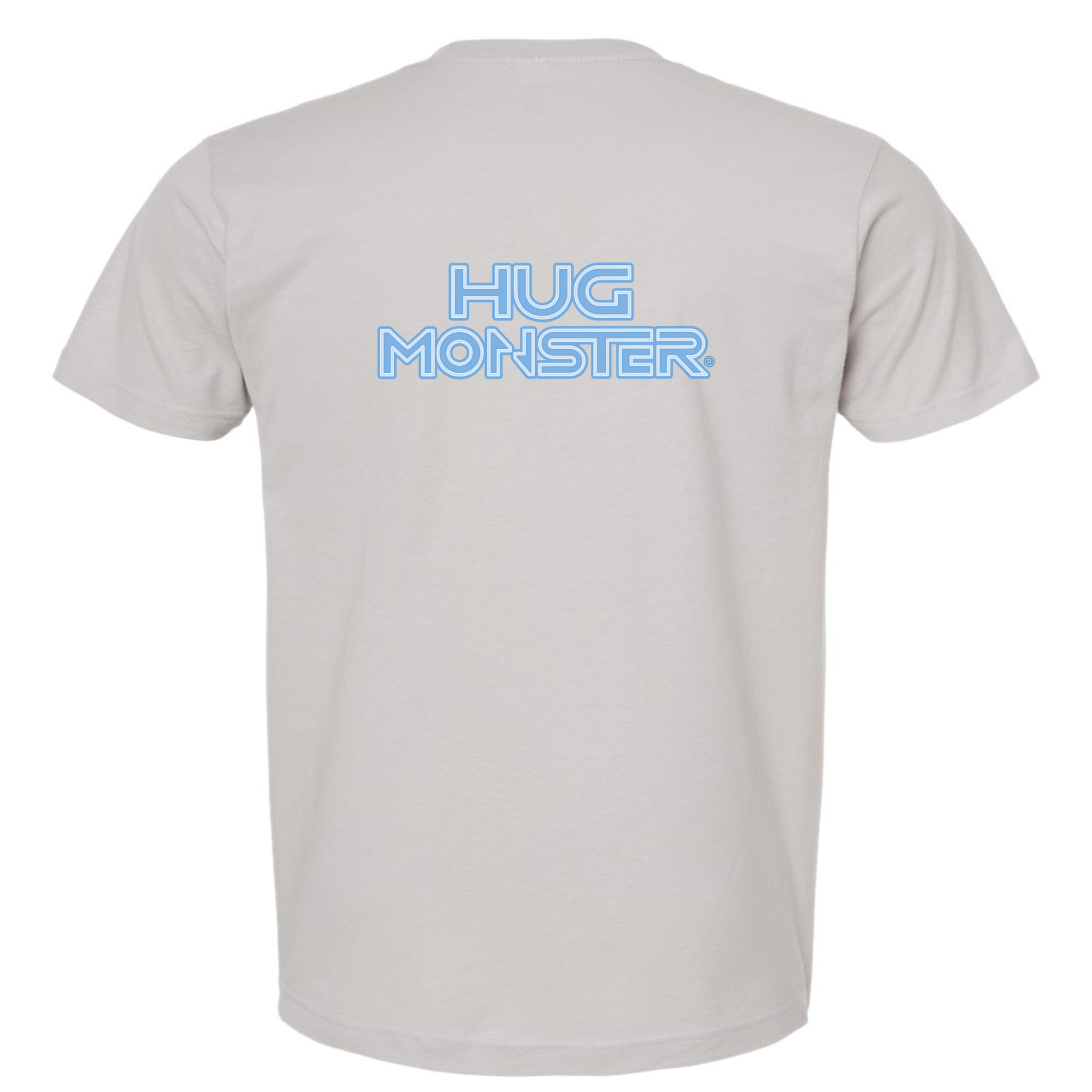 Hug Monster Electric Grid (Chalk Blue Logo) - Positive Message Graphic Tee in Silver – Back View