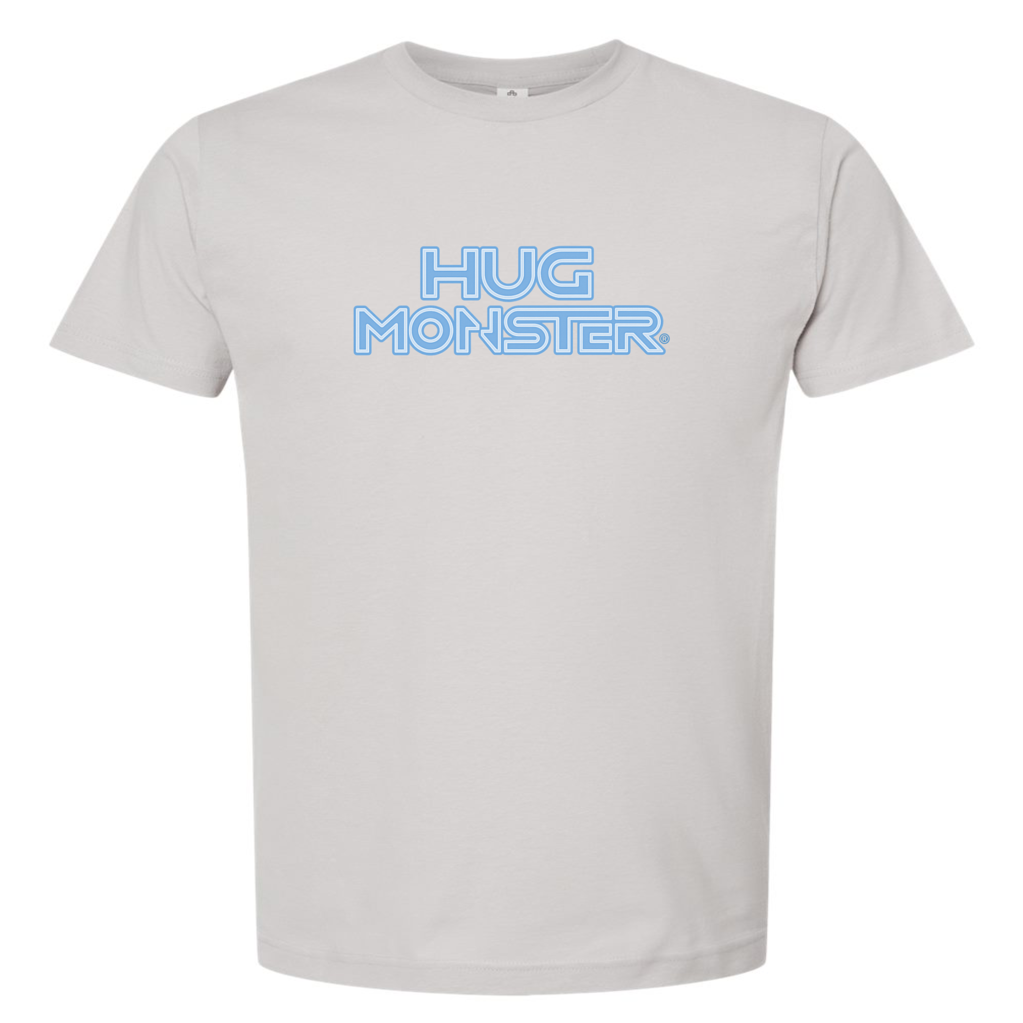 Hug Monster Electric Grid (Chalk Blue Logo) - Positive Message Graphic Tee in Silver – Front View