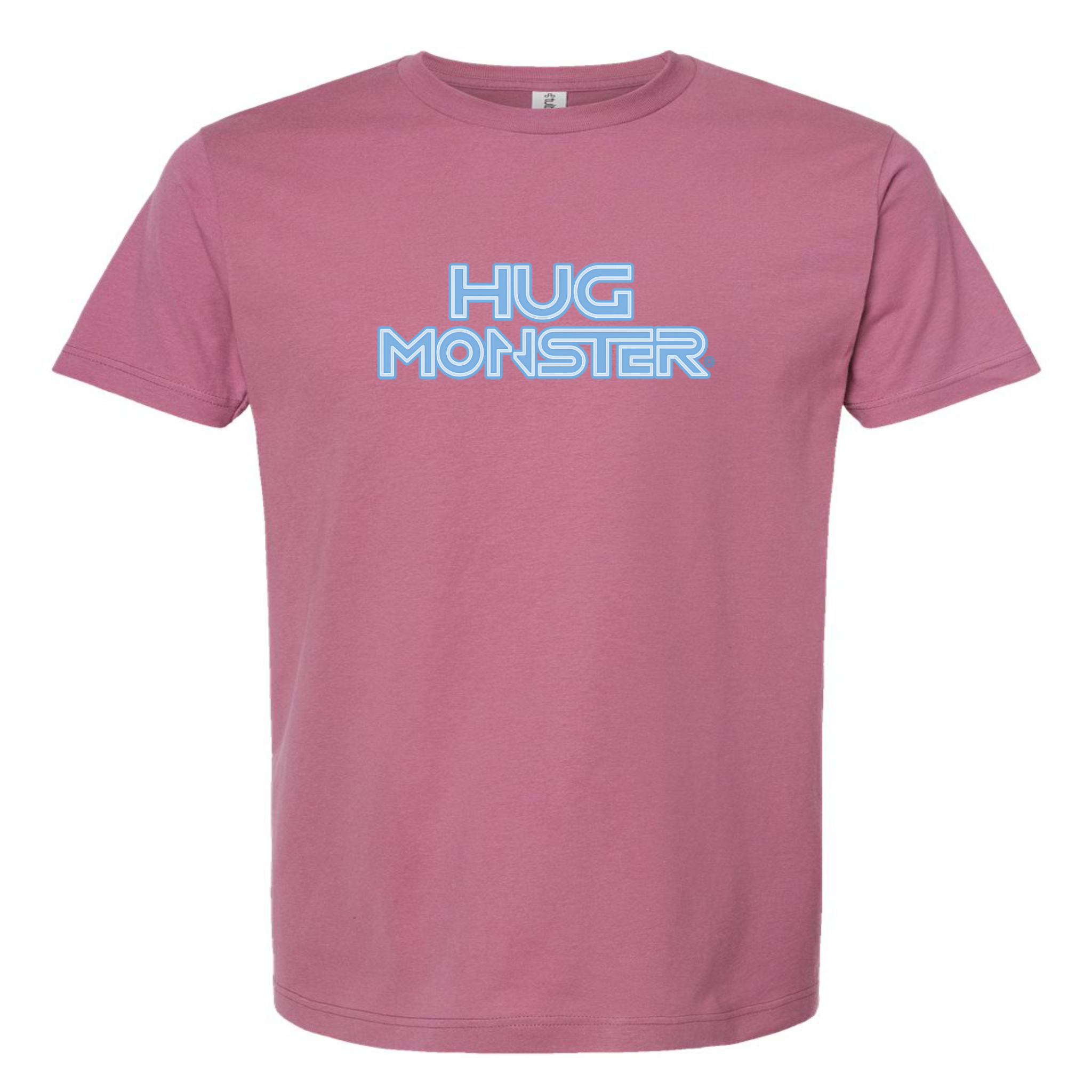 Hug Monster Electric Grid (Chalk Blue Logo) - Positive Message Graphic Tee in Soft Dusty Rose Pink – Front View