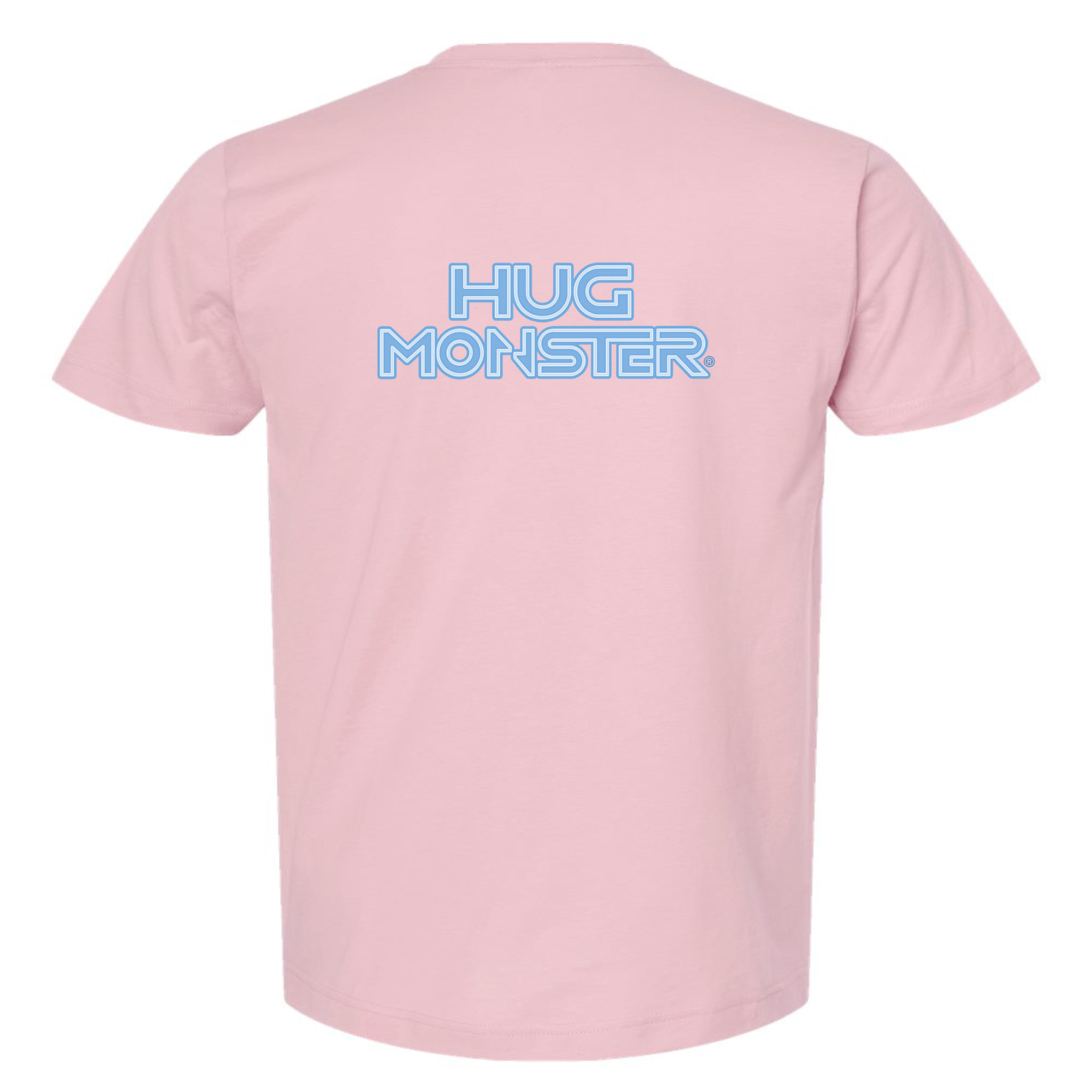Hug Monster Electric Grid (Chalk Blue Logo) - Positive Message Graphic Tee in Soft Pink – Back View