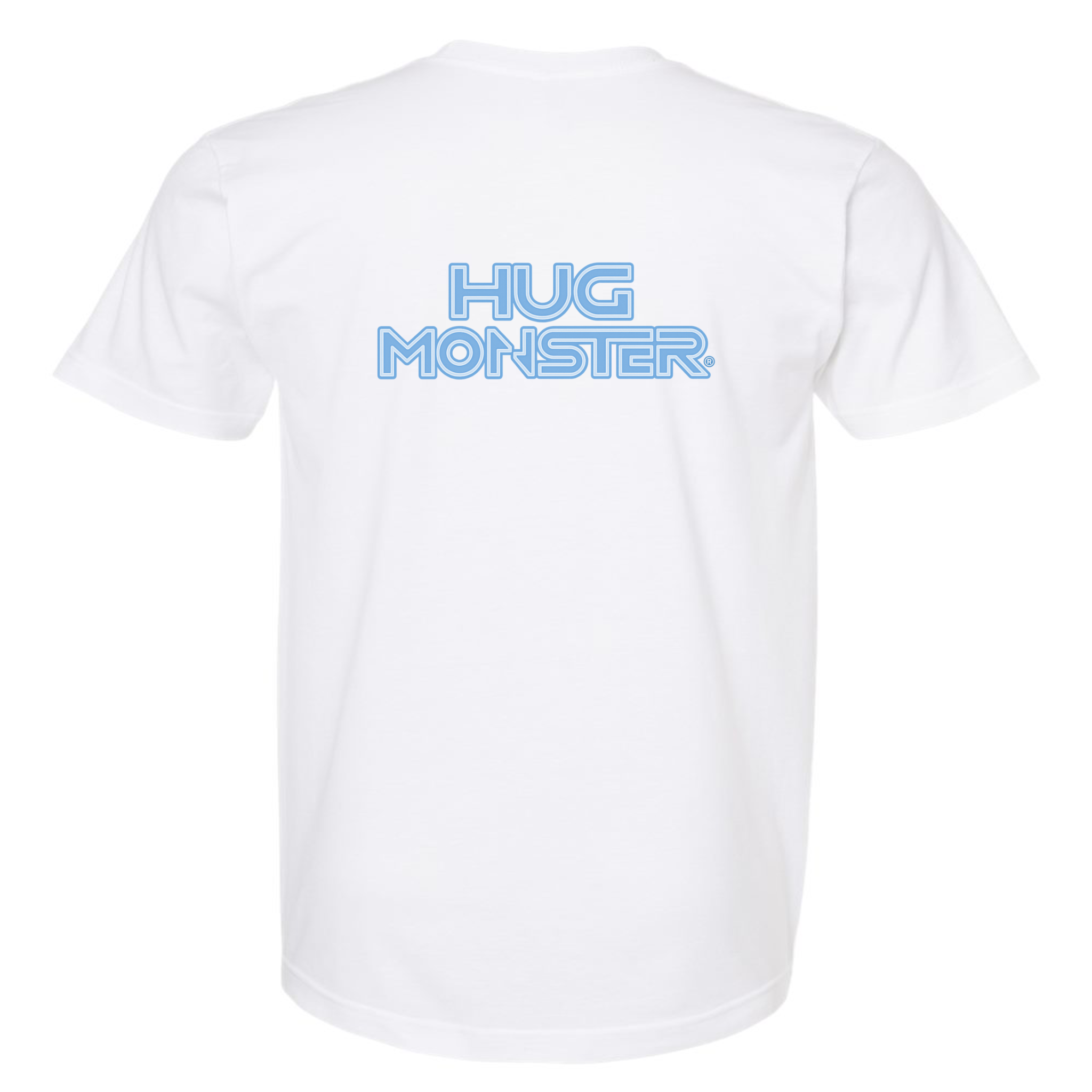 Hug Monster Electric Grid (Chalk Blue Logo) - Positive Message Graphic Tee in White – Back View