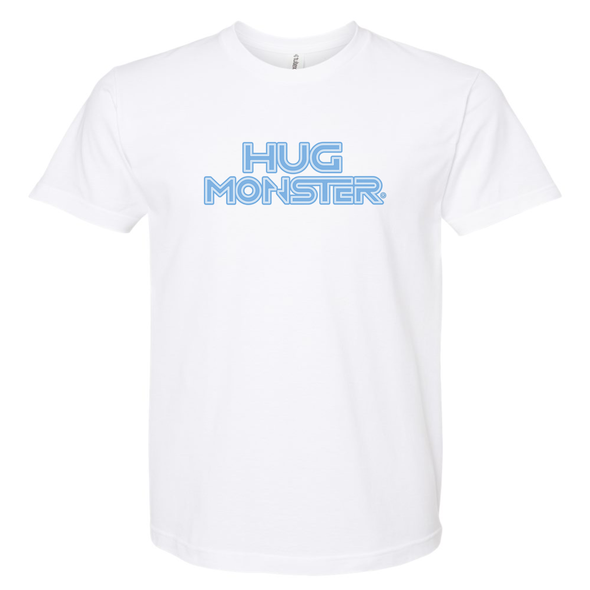 Hug Monster Electric Grid (Chalk Blue Logo) - Positive Message Graphic Tee in White – Front View