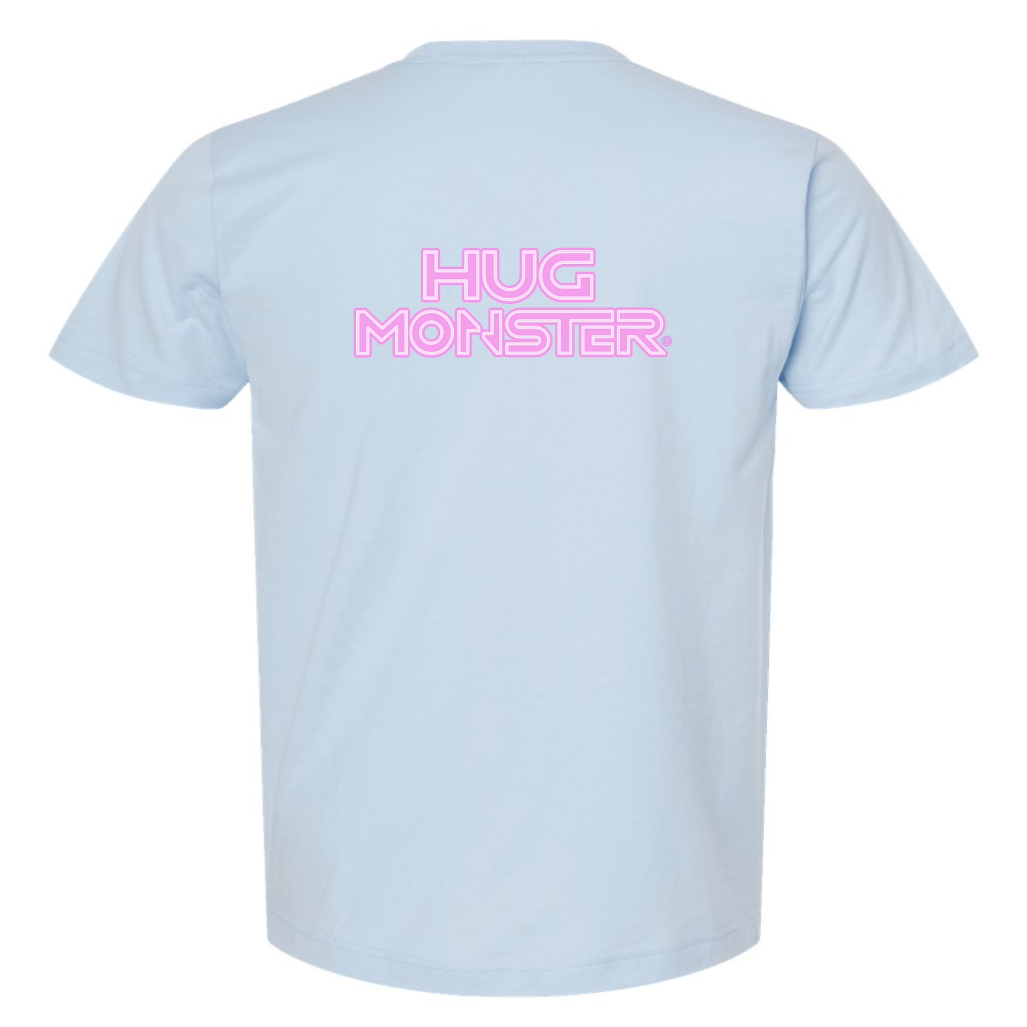 Hug Monster Electric Grid (Chalk Pink Logo) - Positive Message Graphic Tee in Baby Blue – Back View