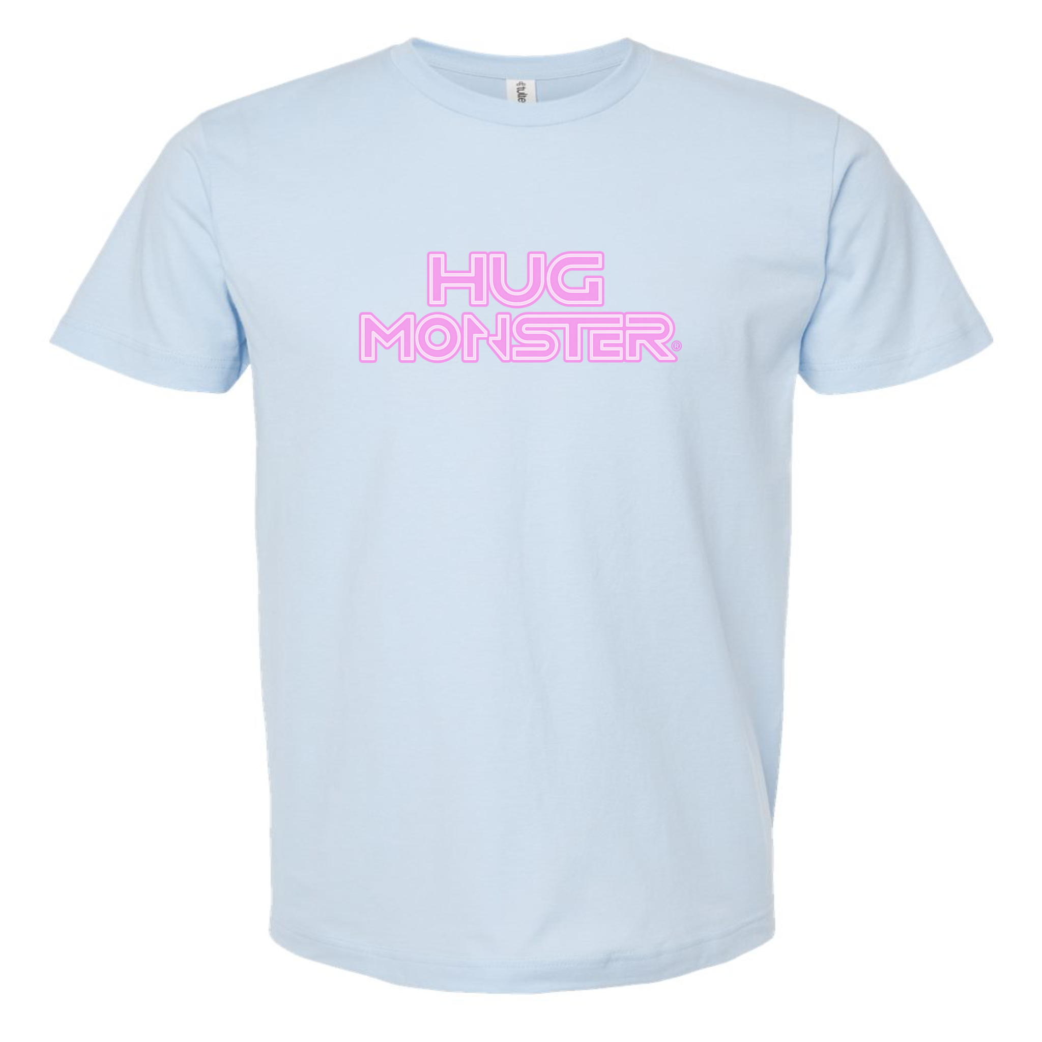 Hug Monster Electric Grid (Chalk Pink Logo) - Positive Message Graphic Tee in Baby Blue – Front View