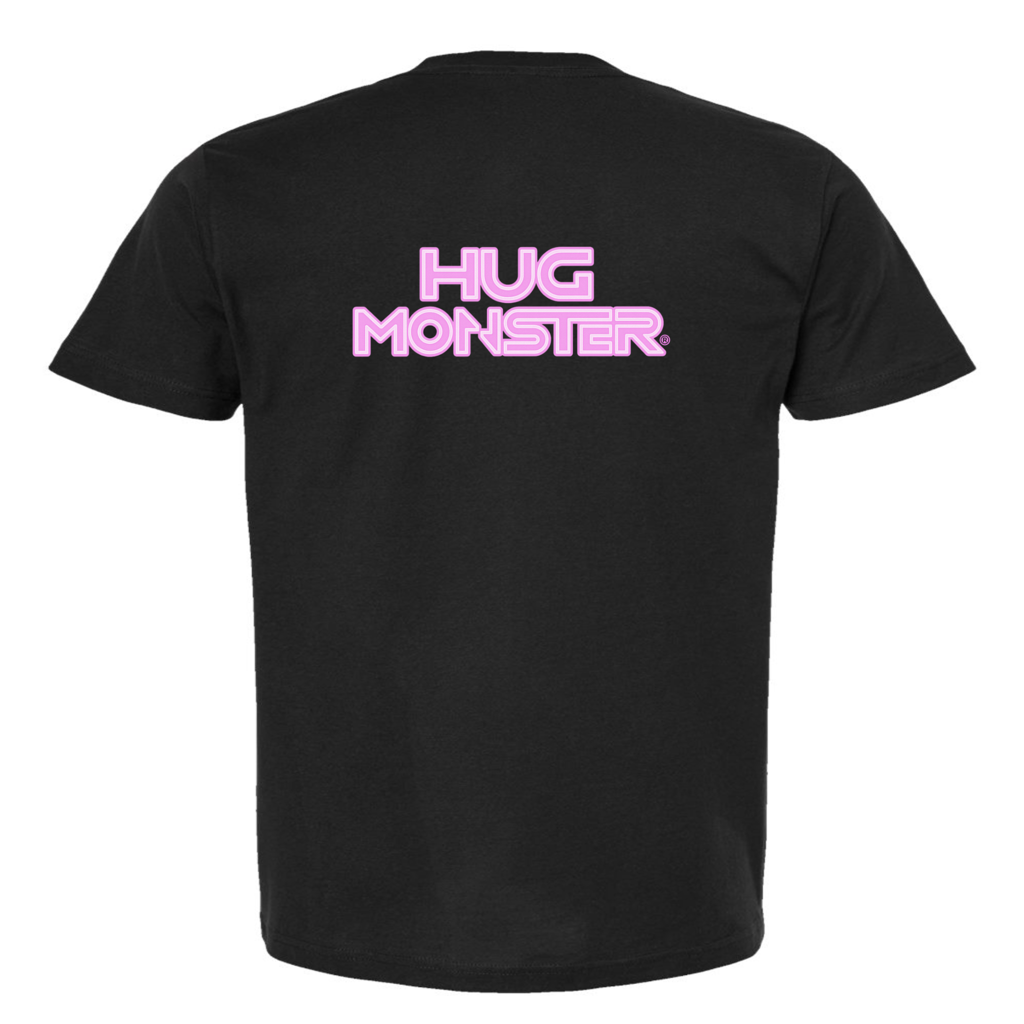 Hug Monster Electric Grid (Chalk Pink Logo) - Positive Message Graphic Tee in Black – Back View