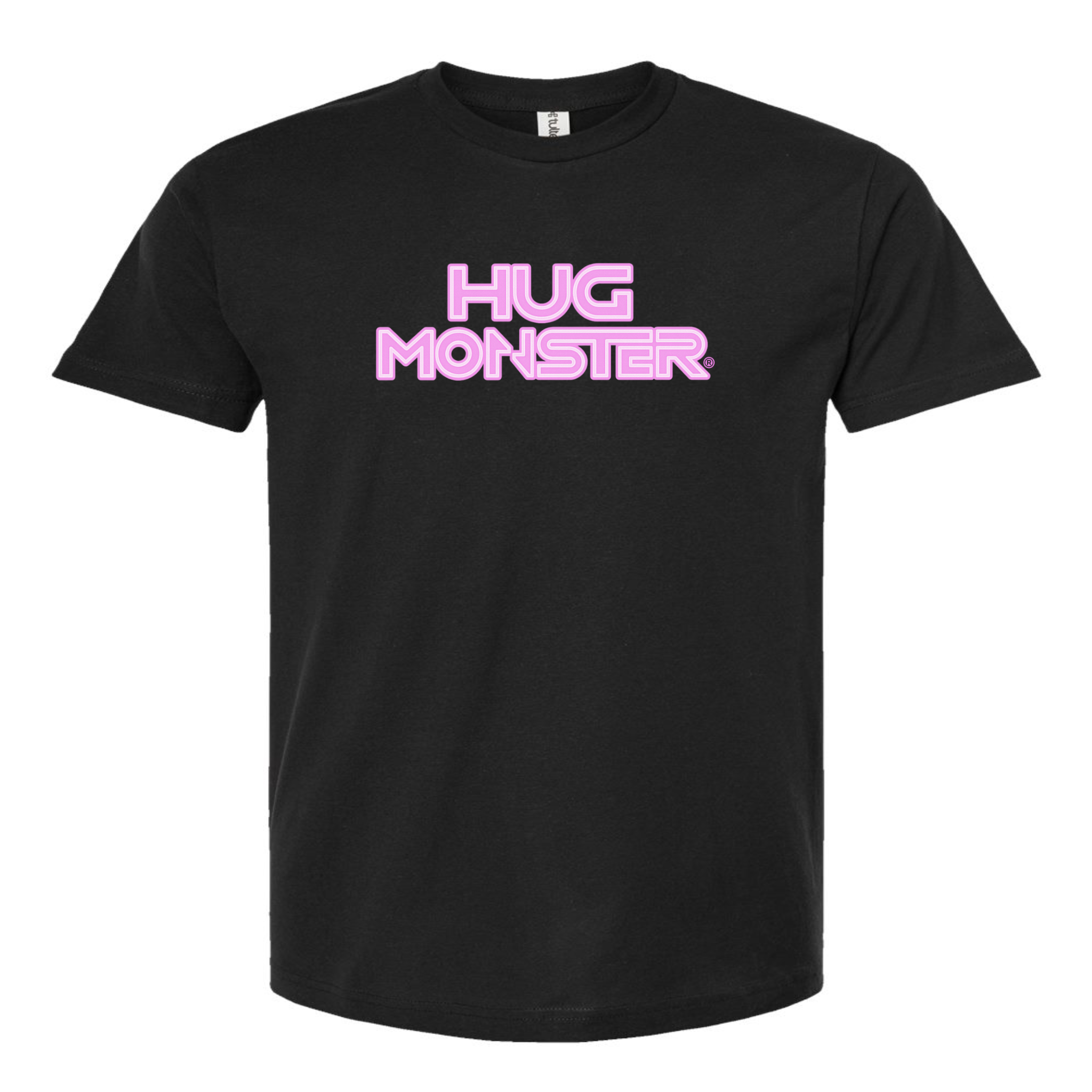 Hug Monster Electric Grid (Chalk Pink Logo) - Positive Message Graphic Tee in Black – Front View