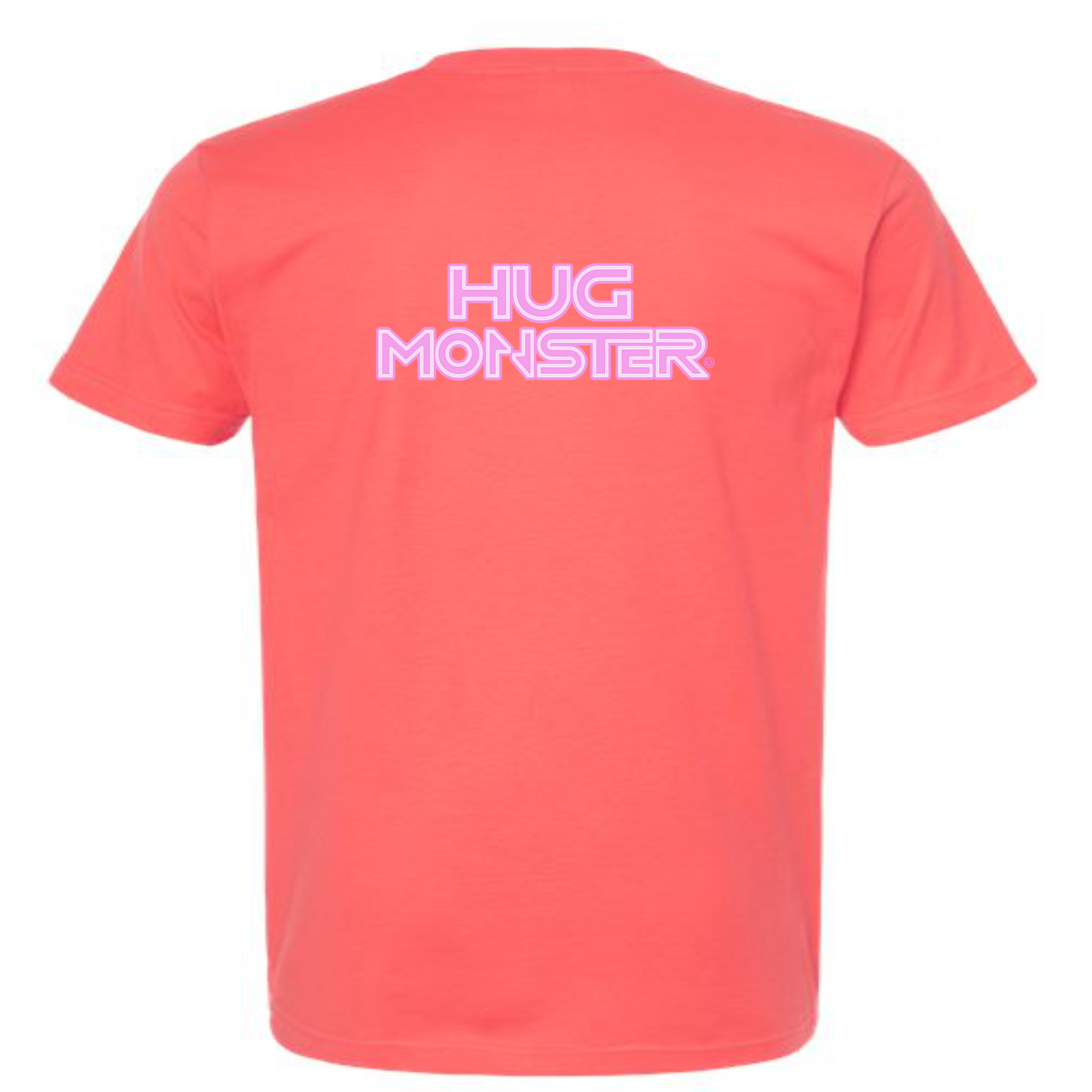 Hug Monster Electric Grid (Chalk Pink Logo) - Positive Message Graphic Tee in Bright Coral – Back View
