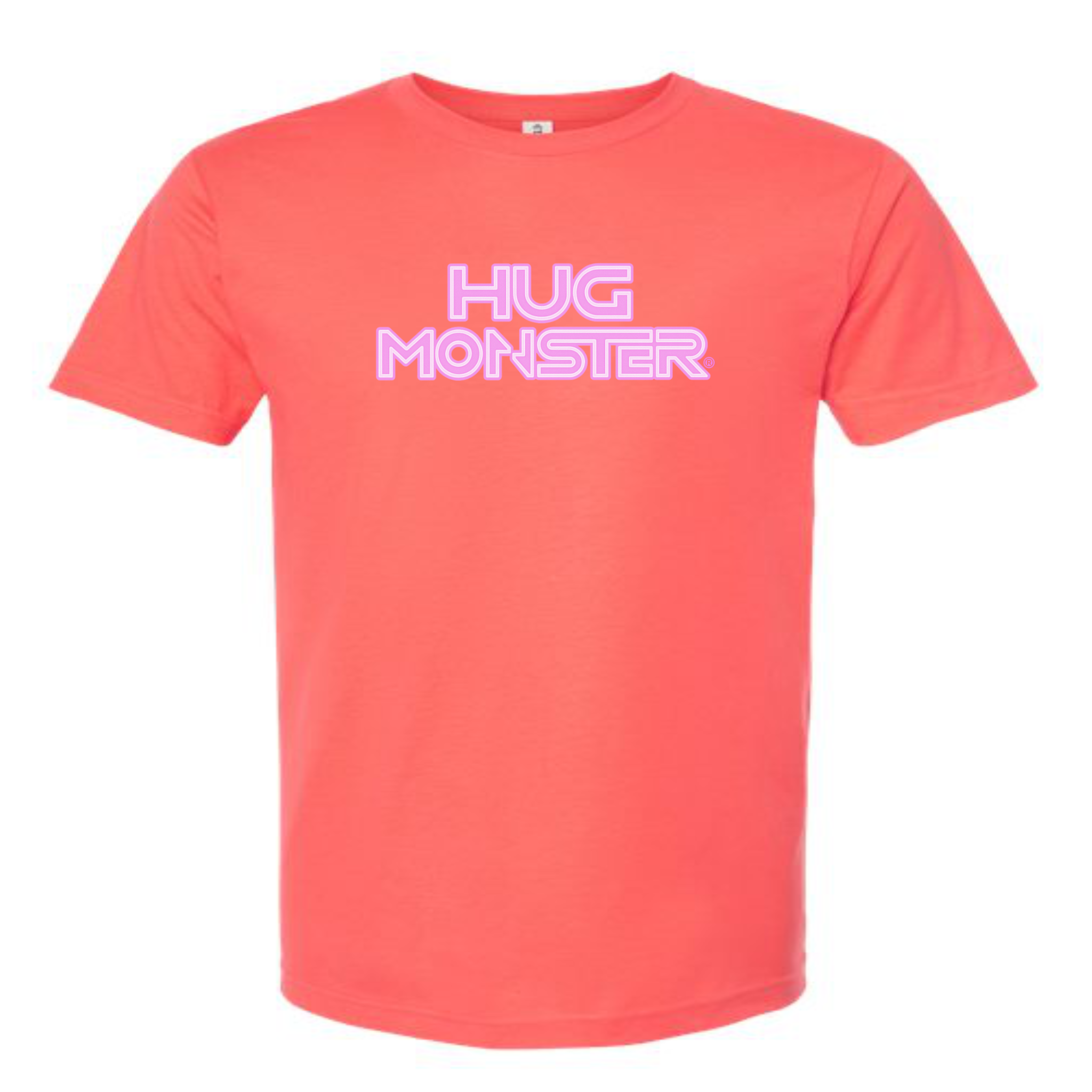 Hug Monster Electric Grid (Chalk Pink Logo) - Positive Message Graphic Tee in Bright Coral – Front View
