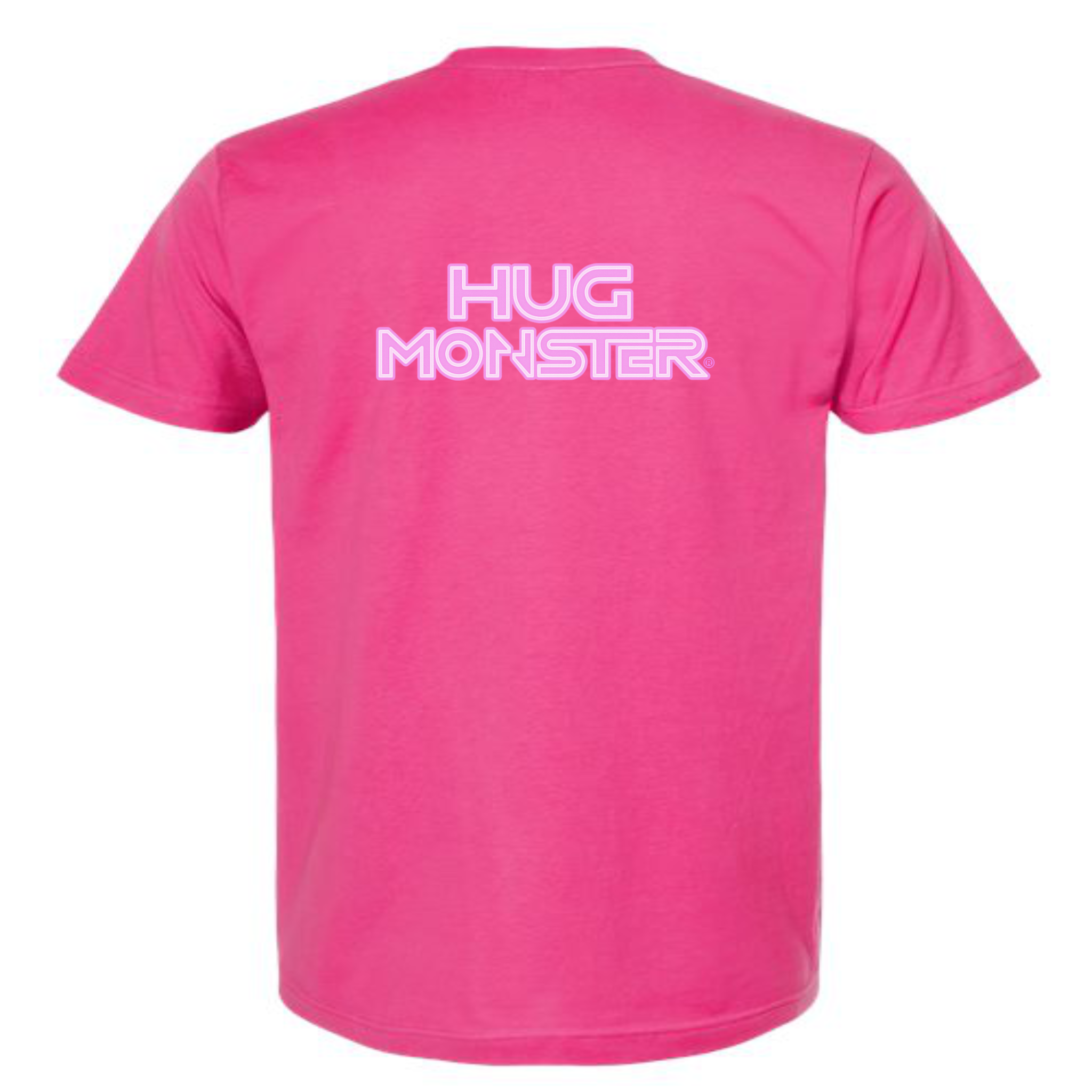 Hug Monster Electric Grid (Chalk Pink Logo) - Positive Message Graphic Tee in Bright Fuscia – Back View