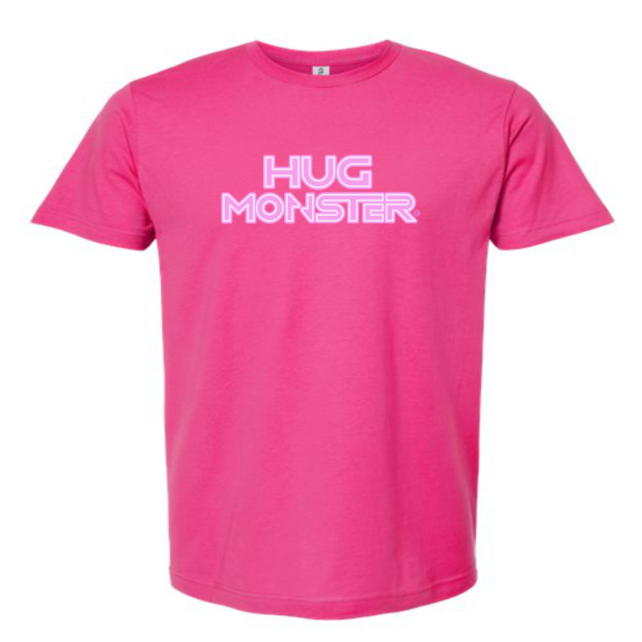 Hug Monster Electric Grid (Chalk Pink Logo) - Positive Message Graphic Tee in Bright Fuscia – Front View