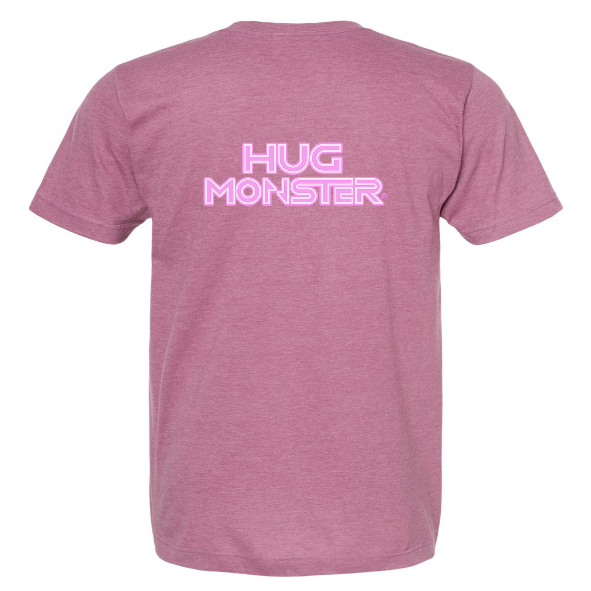Hug Monster Electric Grid (Chalk Pink Logo) - Positive Message Graphic Tee in Heather Dusty Rose Pink – Back View