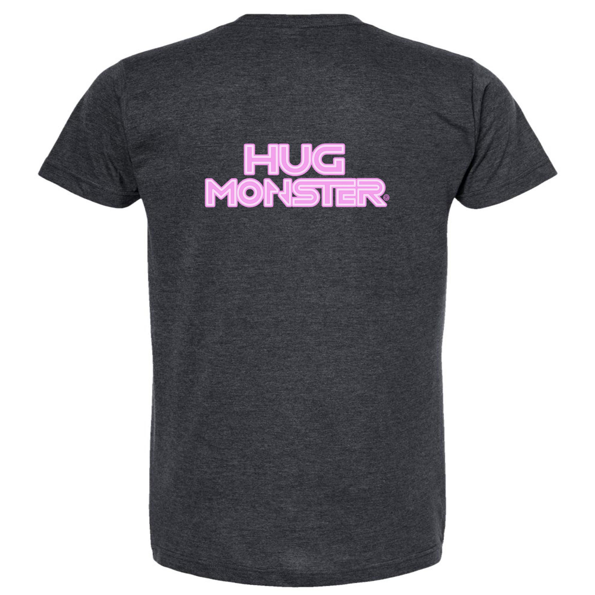 Hug Monster Electric Grid (Chalk Pink Logo) - Positive Message Graphic Tee in Heather Graphite – Back View