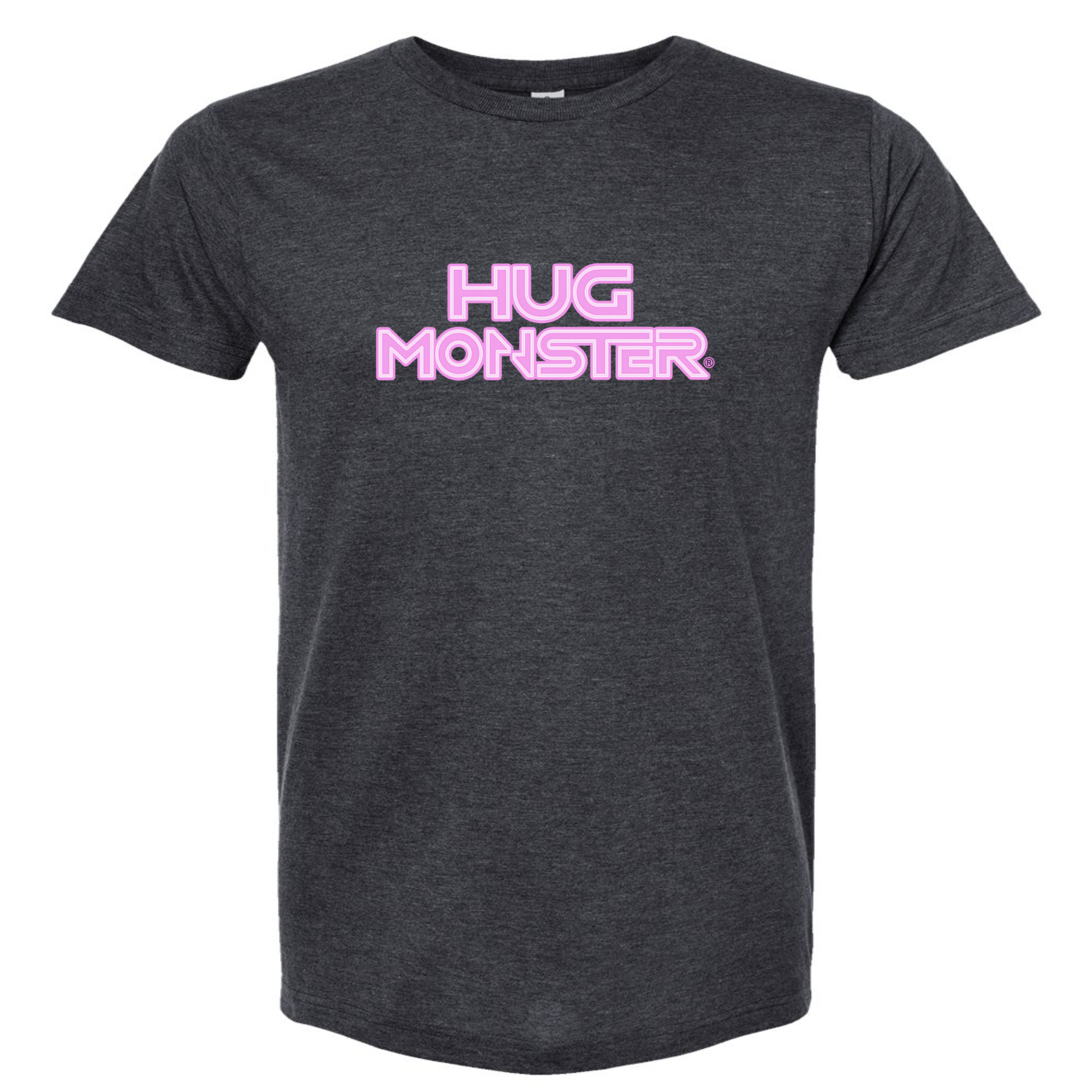 Hug Monster Electric Grid (Chalk Pink Logo) - Positive Message Graphic Tee in Heather Graphite – Front View