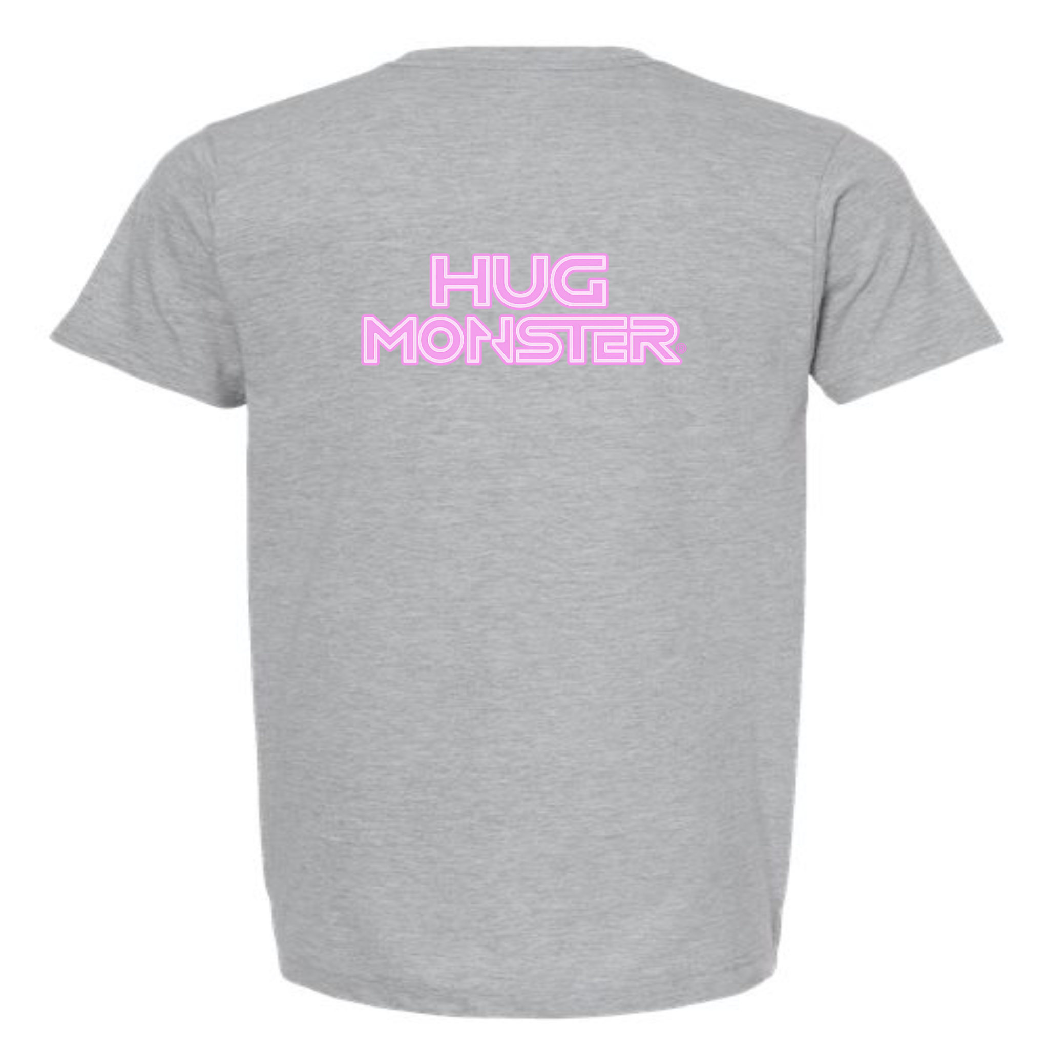 Hug Monster Electric Grid (Chalk Pink Logo) - Positive Message Graphic Tee in Heather Grey – Back View