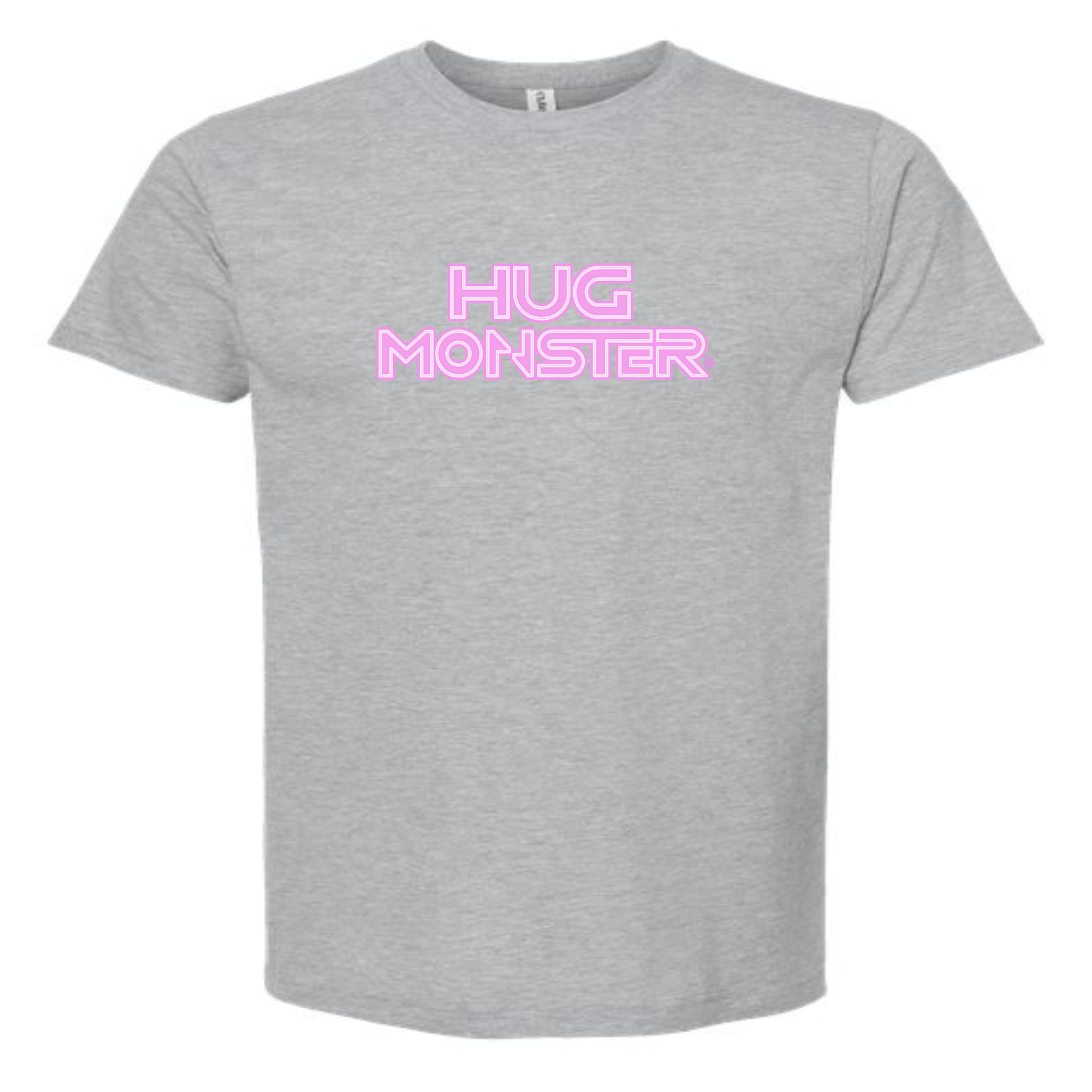 Hug Monster Electric Grid (Chalk Pink Logo) - Positive Message Graphic Tee in Heather Grey – Front View