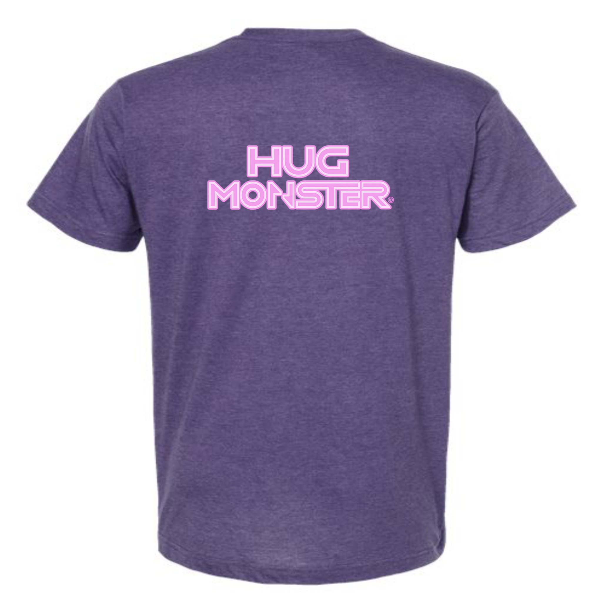 Hug Monster Electric Grid (Chalk Pink Logo) - Positive Message Graphic Tee in Heather Purple – Back View