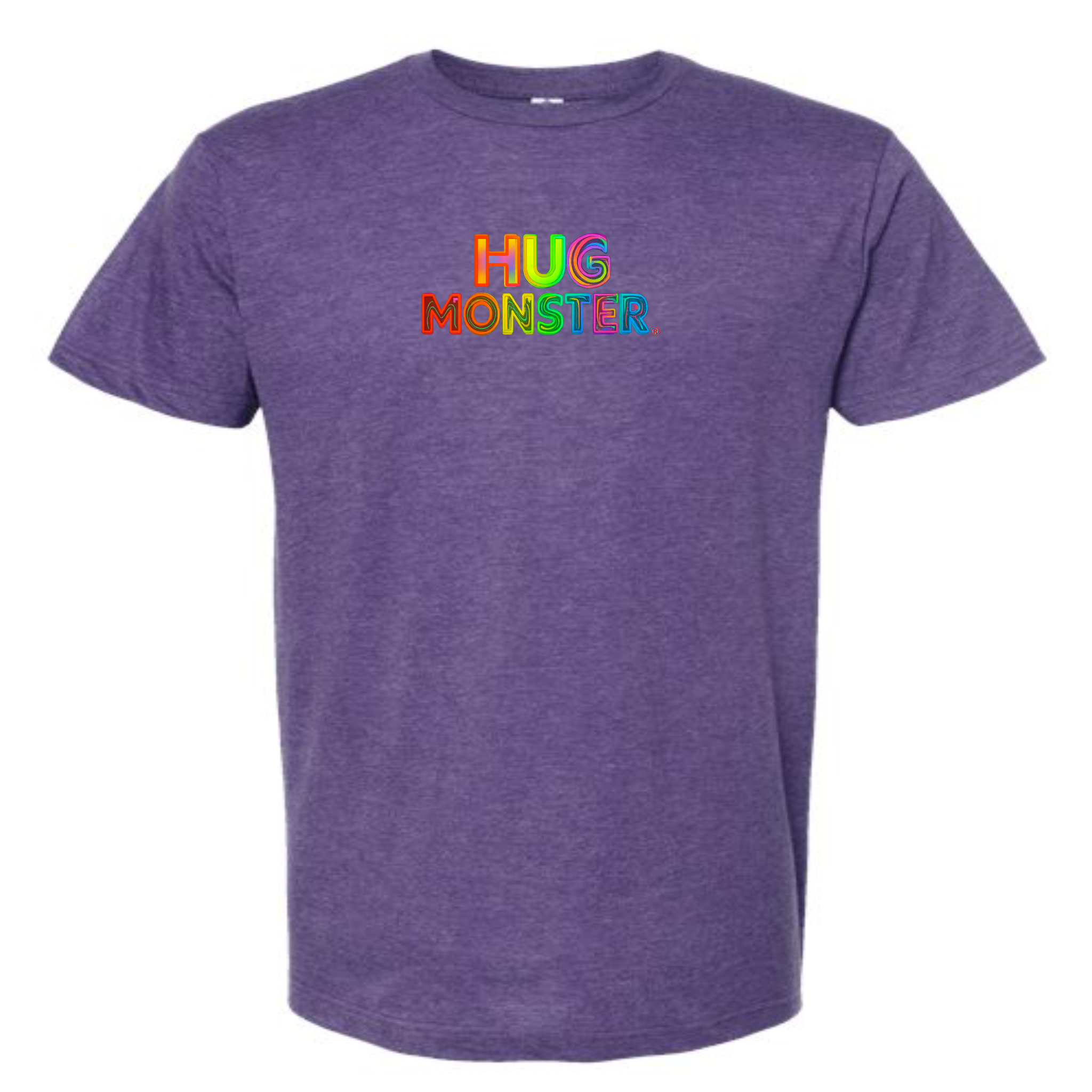 Hug Monster Digital Rainbow Chaos T-Shirt - Positive Message Graphic Tee in Heather Purple – Front View