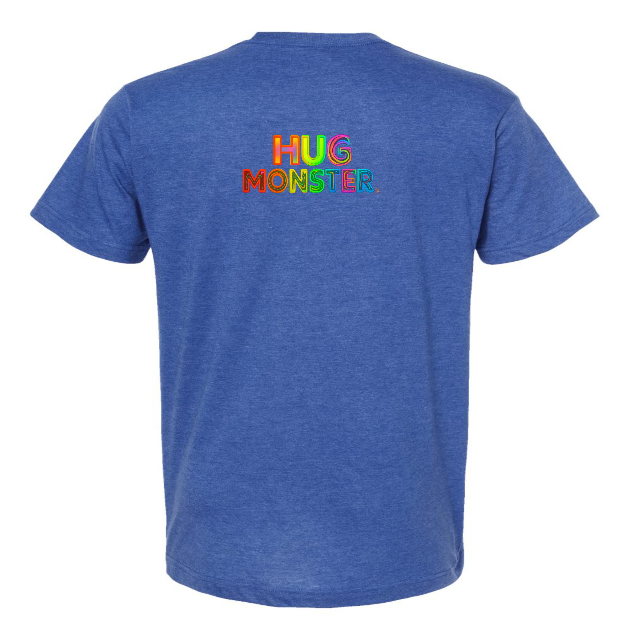 Hug Monster Digital Rainbow Chaos T-Shirt - Positive Message Graphic Tee in Heather Royal Blue – Back View