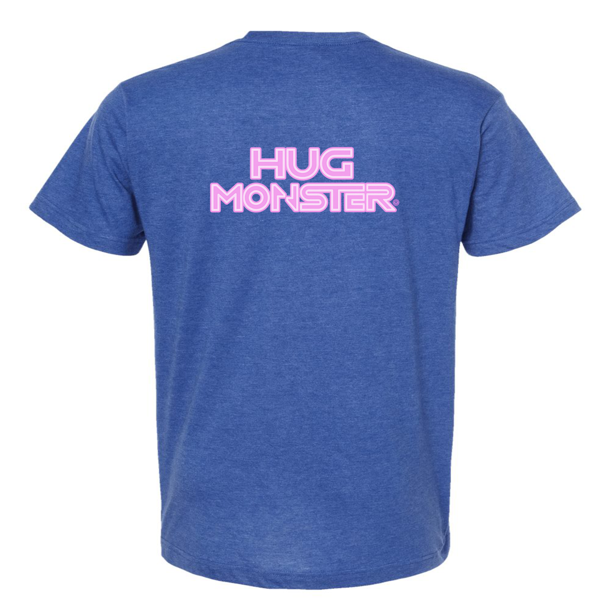 Hug Monster Electric Grid (Chalk Pink Logo) - Positive Message Graphic Tee in Heather Royal Blue – Back View