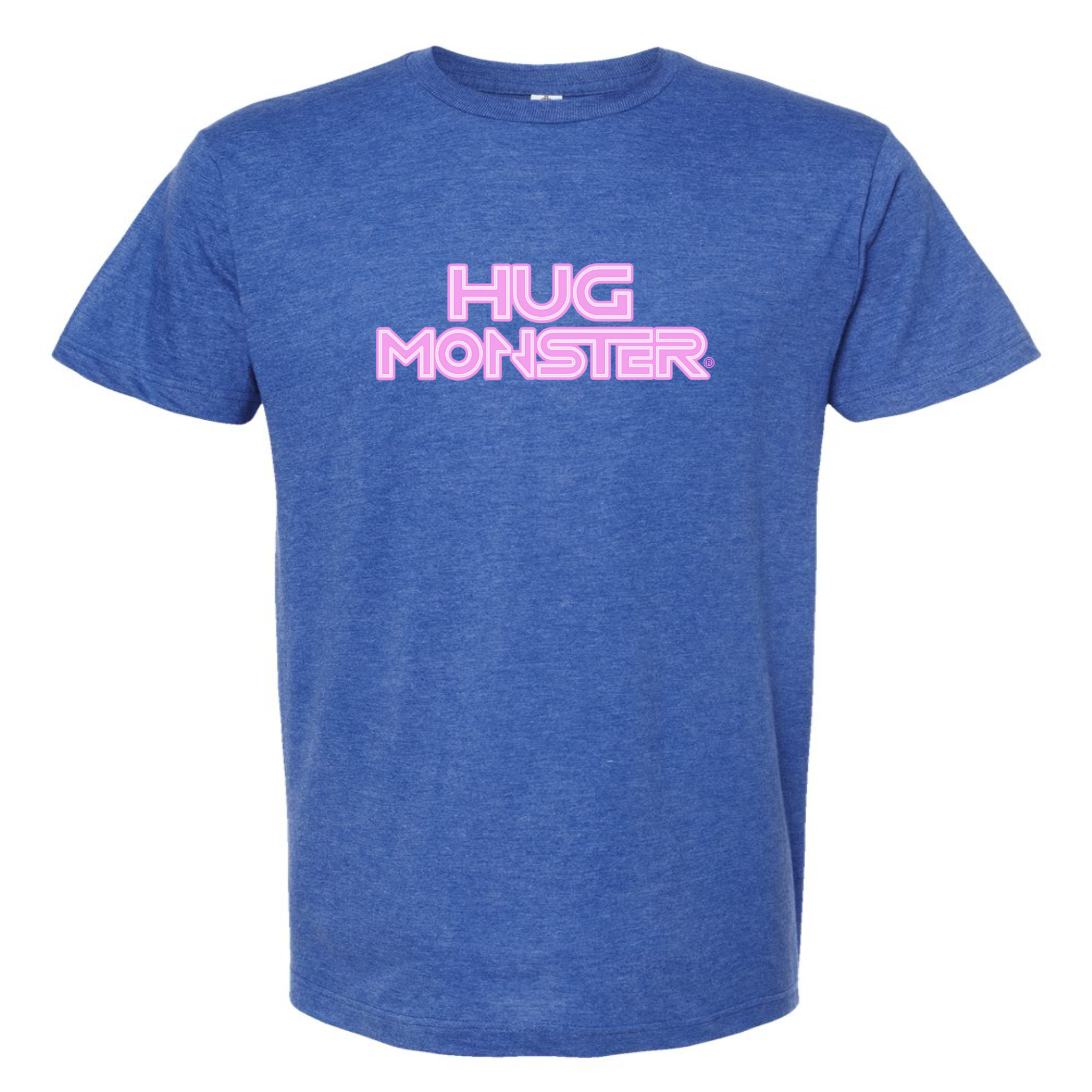 Hug Monster Electric Grid (Chalk Pink Logo) - Positive Message Graphic Tee in Heather Royal Blue – Front View
