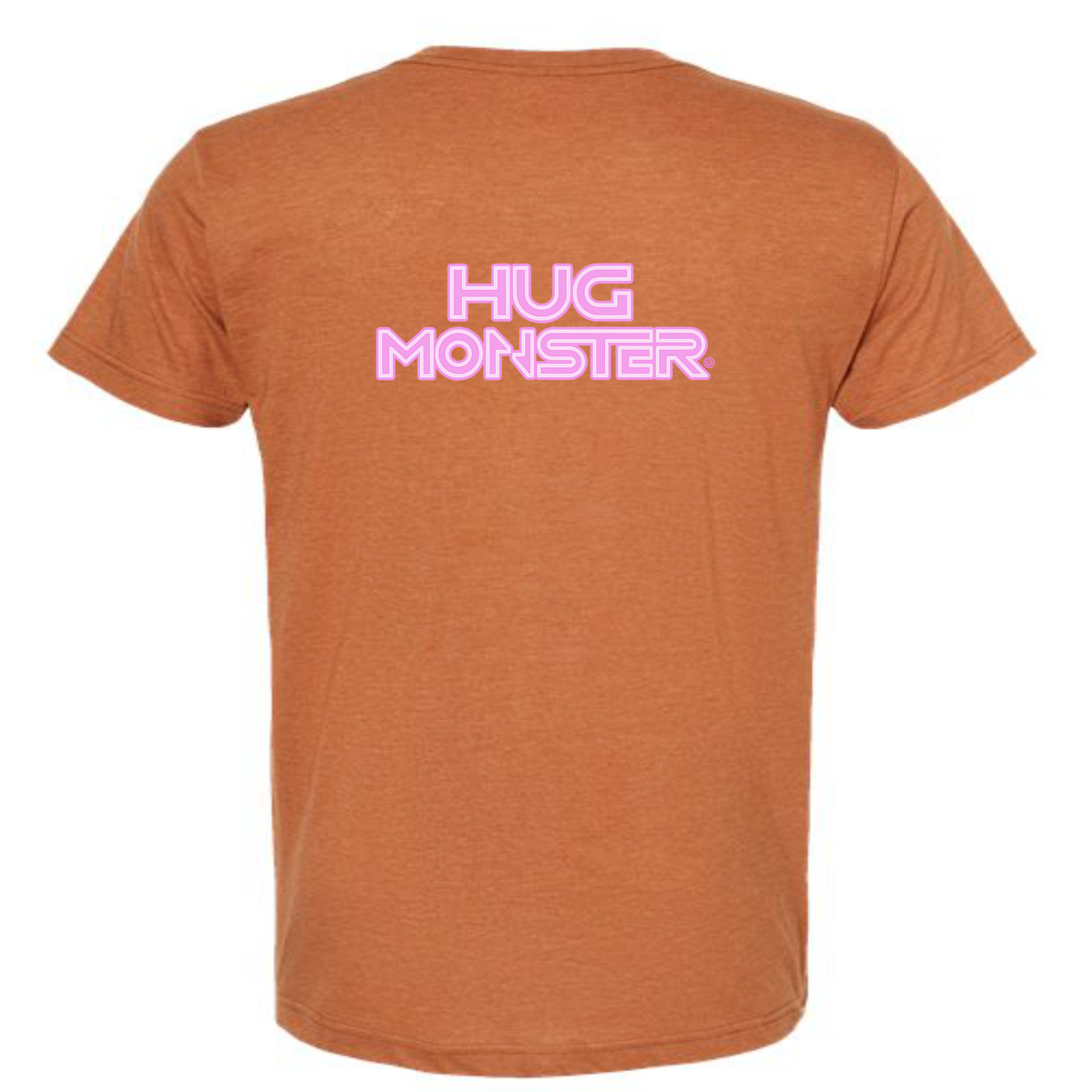 Hug Monster Electric Grid (Chalk Pink Logo) - Positive Message Graphic Tee in Heather Rust – Back View