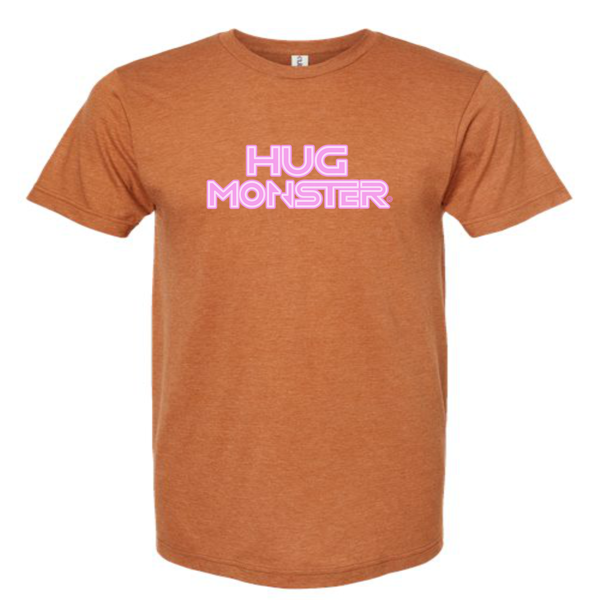 Hug Monster Electric Grid (Chalk Pink Logo) - Positive Message Graphic Tee in Heather Rust – Front View