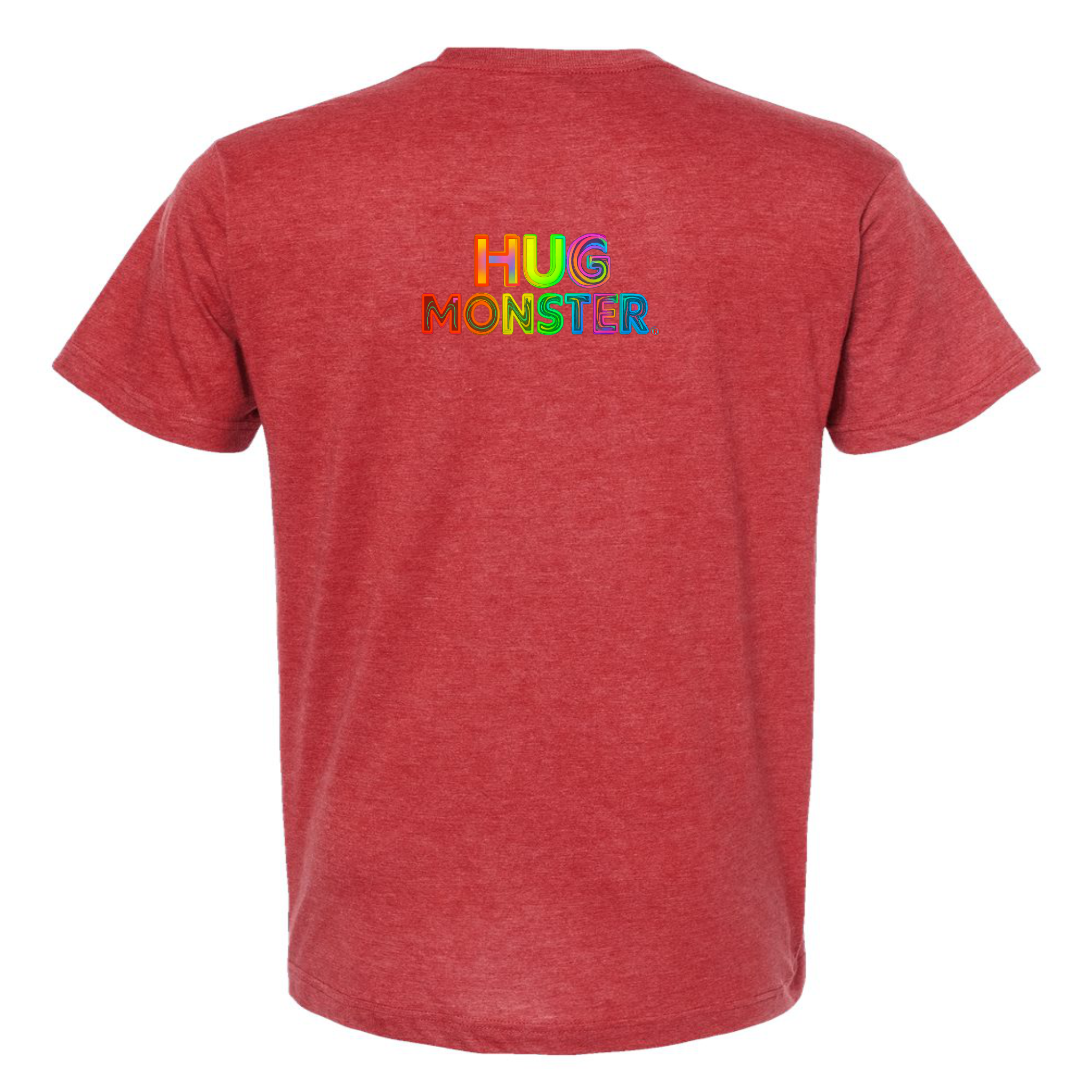 Hug Monster Digital Rainbow Chaos T-Shirt - Positive Message Graphic Tee in Heather Scarlet Red – Back View