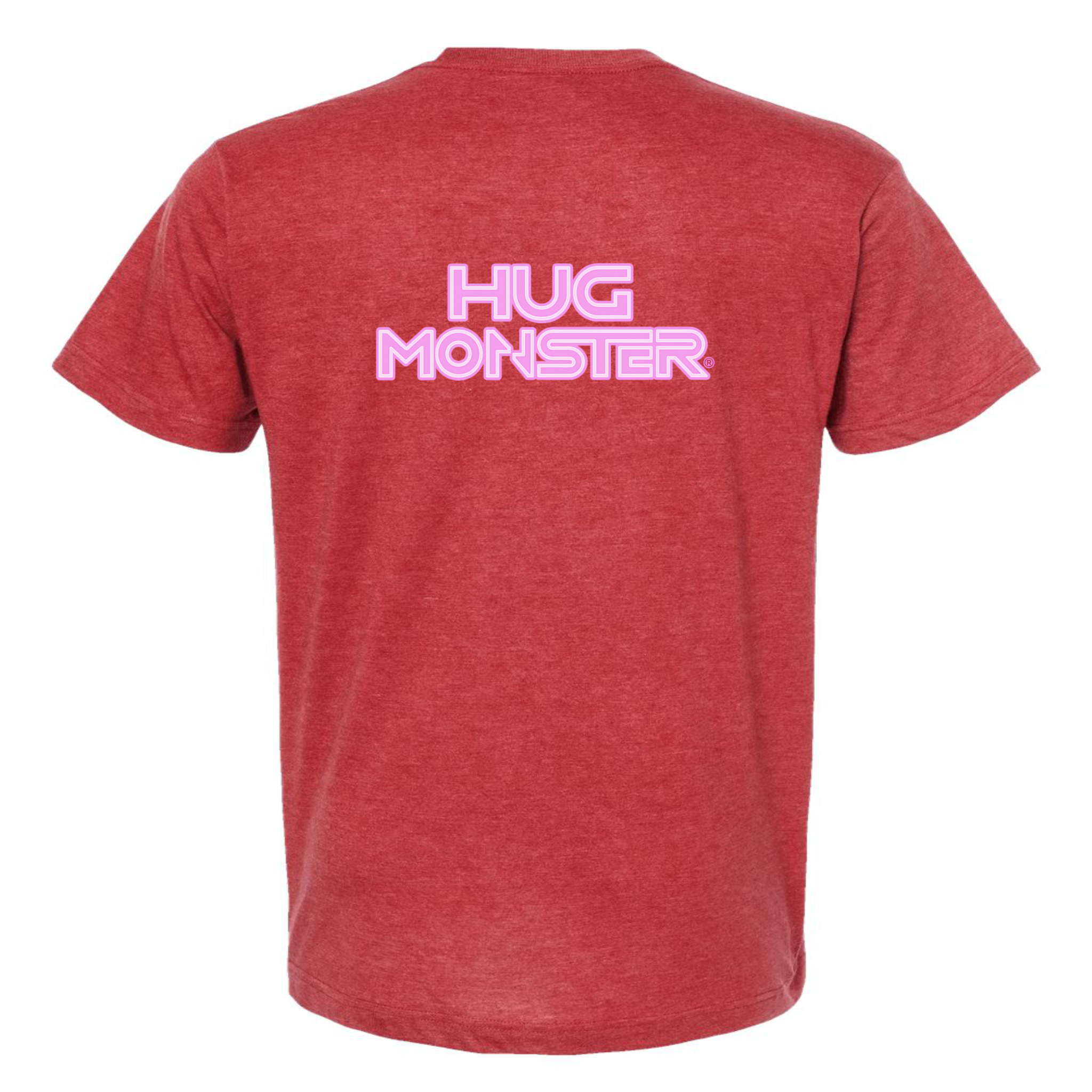 Hug Monster Electric Grid (Chalk Pink Logo) - Positive Message Graphic Tee in Heather Scarlet Red – Back View