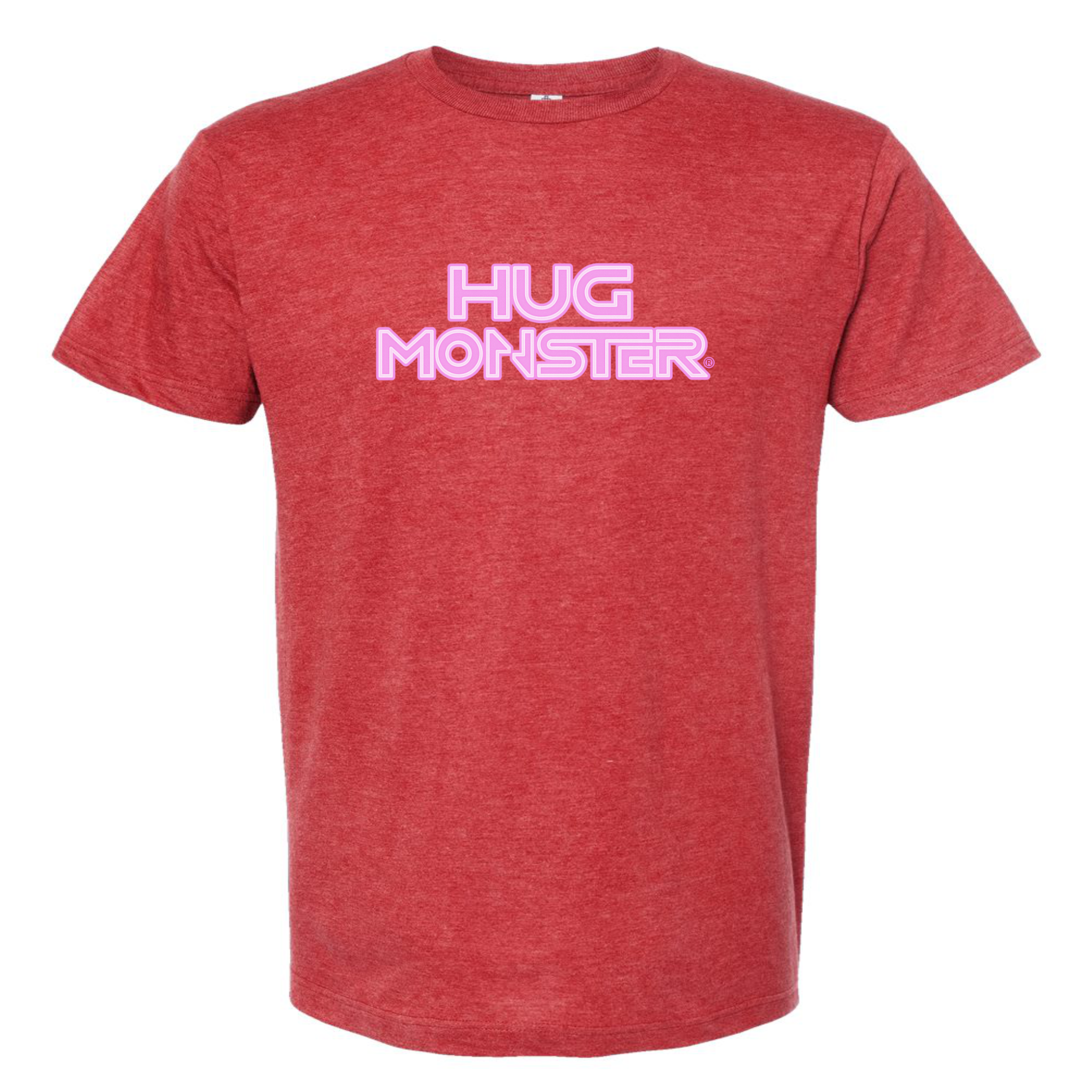 Hug Monster Electric Grid (Chalk Pink Logo) - Positive Message Graphic Tee in Heather Scarlet Red – Front View