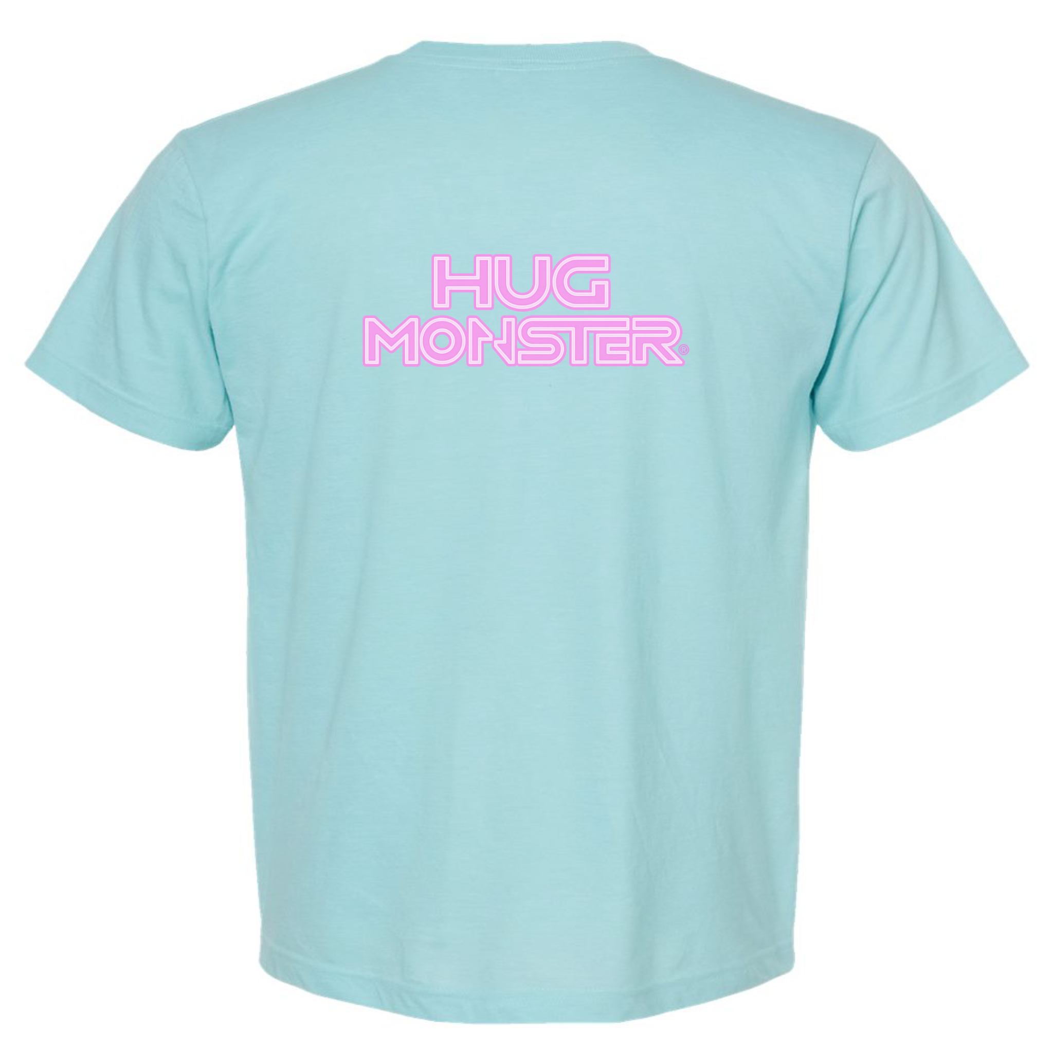 Hug Monster Electric Grid (Chalk Pink Logo) - Positive Message Graphic Tee in Heather Turquoise – Back View