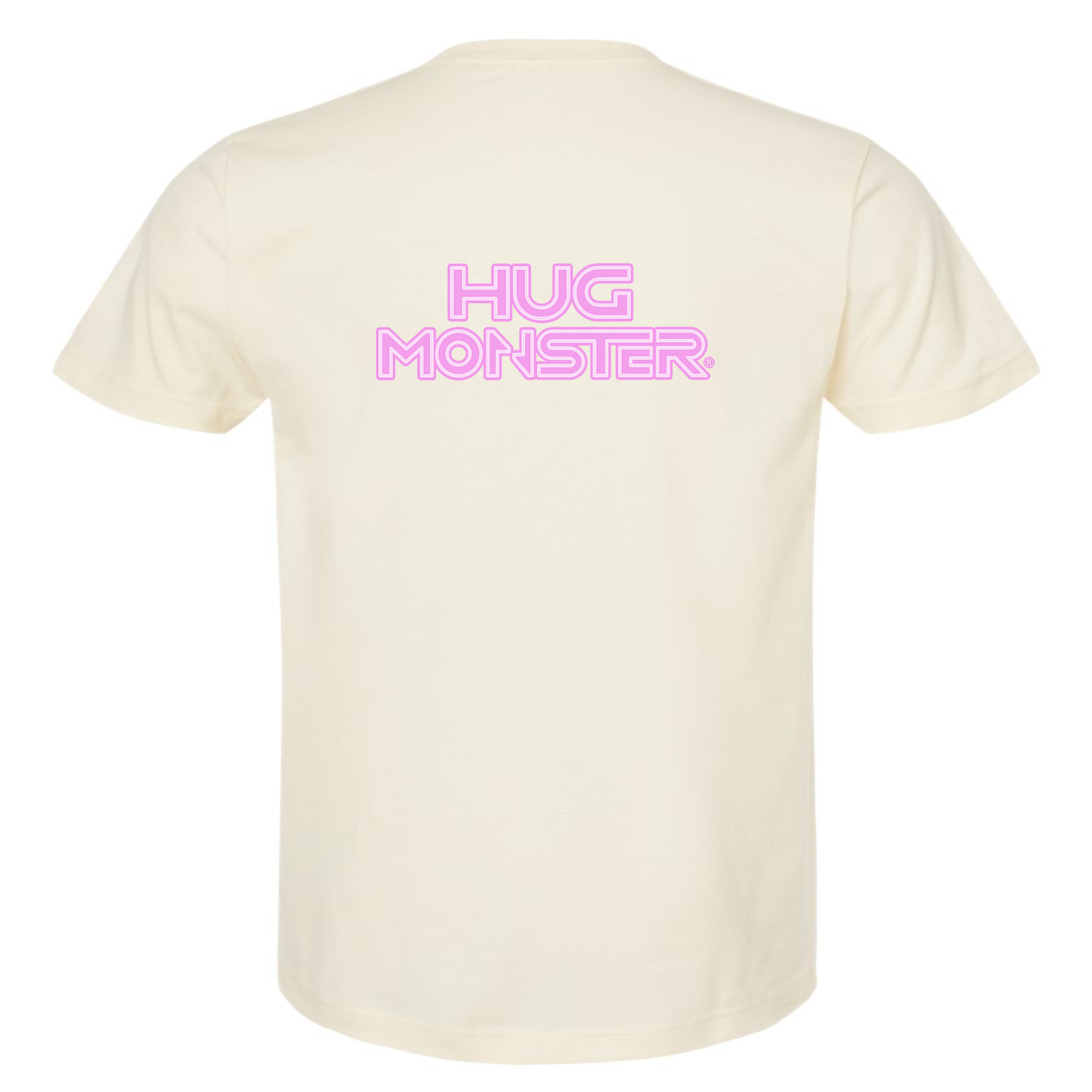 Hug Monster Electric Grid (Chalk Pink Logo) - Positive Message Graphic Tee in Natural – Back View