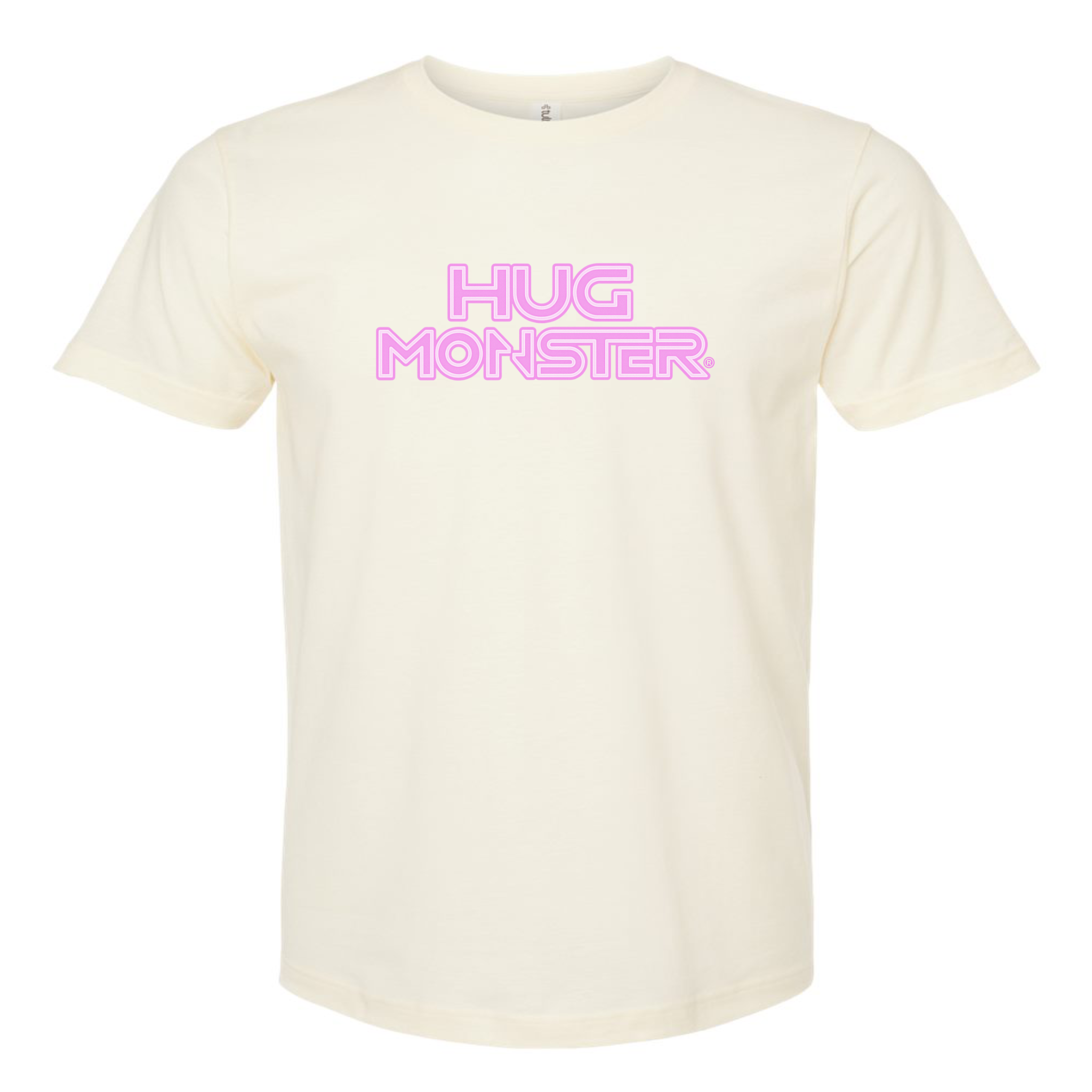 Hug Monster Electric Grid (Chalk Pink Logo) - Positive Message Graphic Tee in Natural – Front View