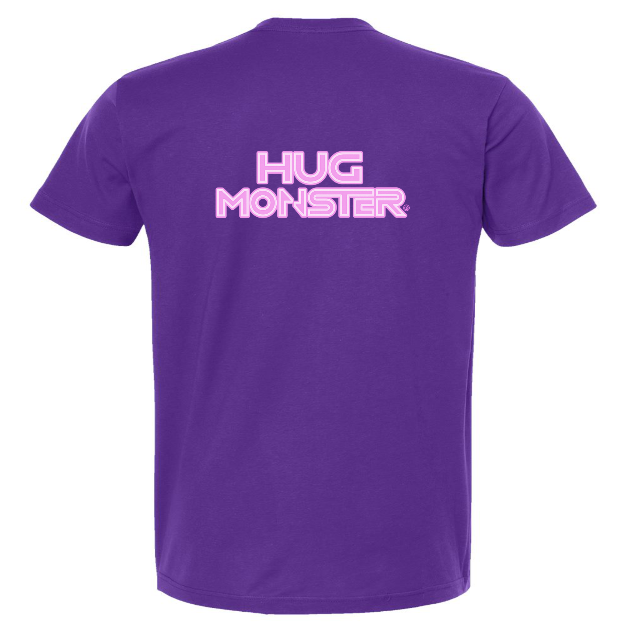 Hug Monster Electric Grid (Chalk Pink Logo) - Positive Message Graphic Tee in Purple – Back View