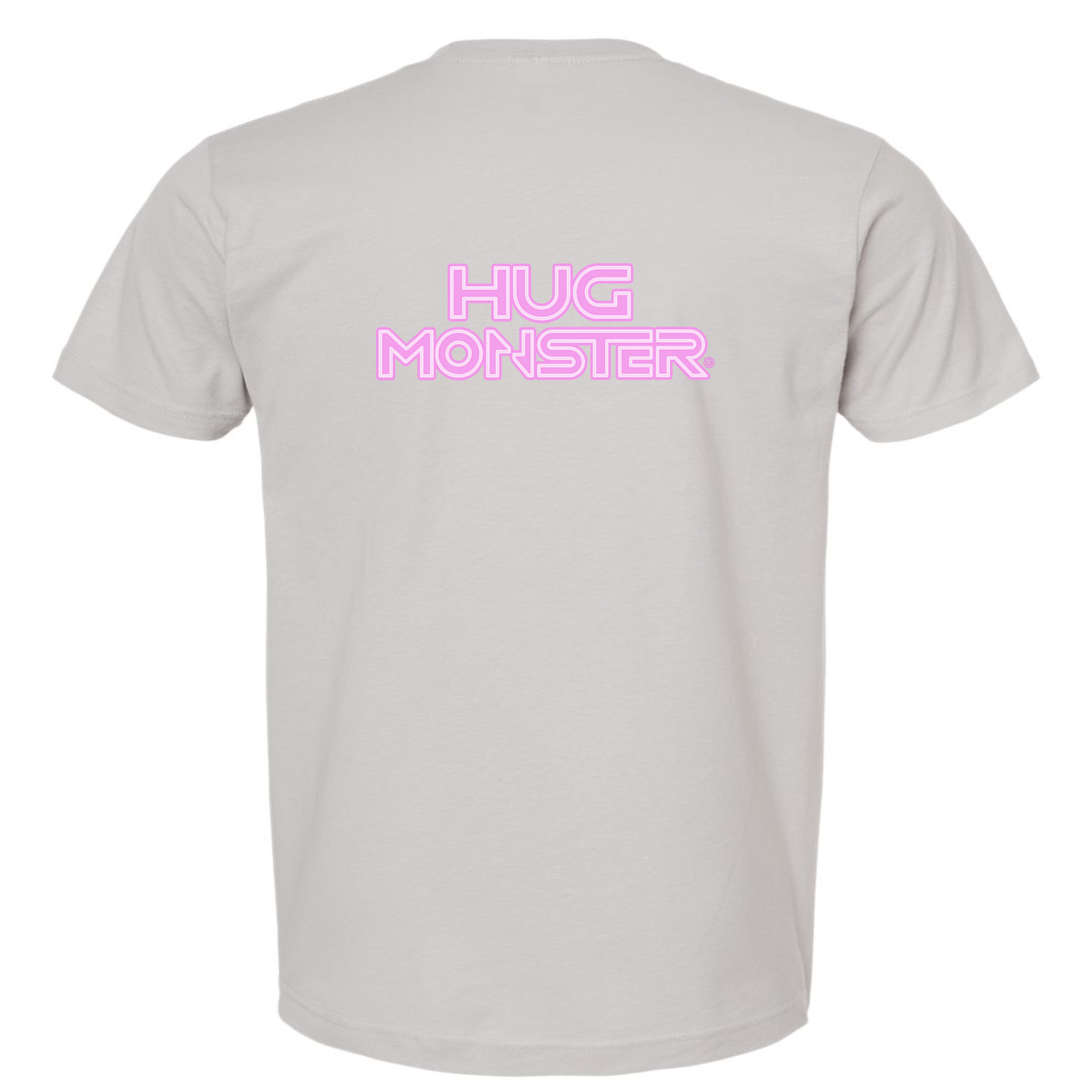 Hug Monster Electric Grid (Chalk Pink Logo) - Positive Message Graphic Tee in Silver – Back View