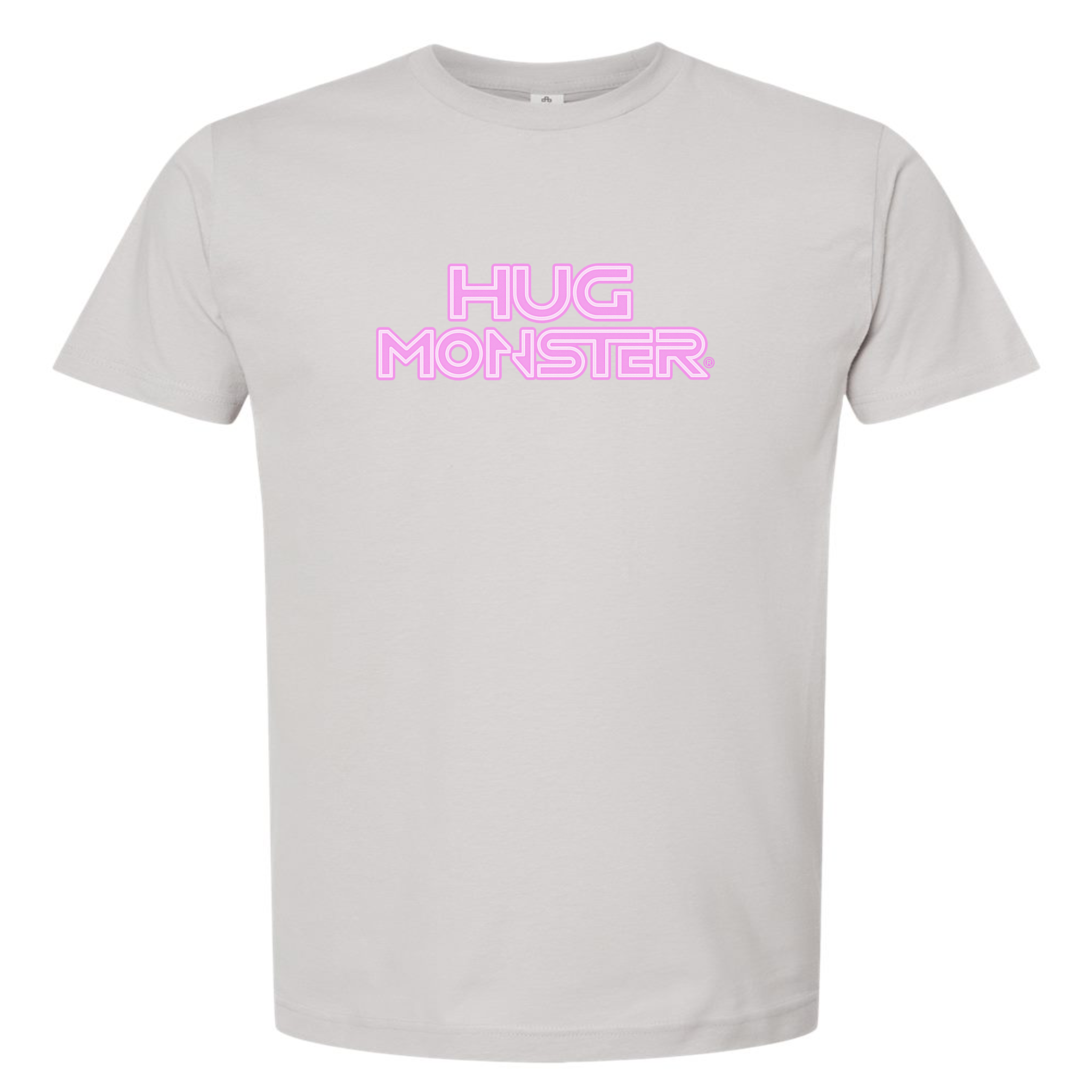 Hug Monster Electric Grid (Chalk Pink Logo) - Positive Message Graphic Tee in Silver – Front View