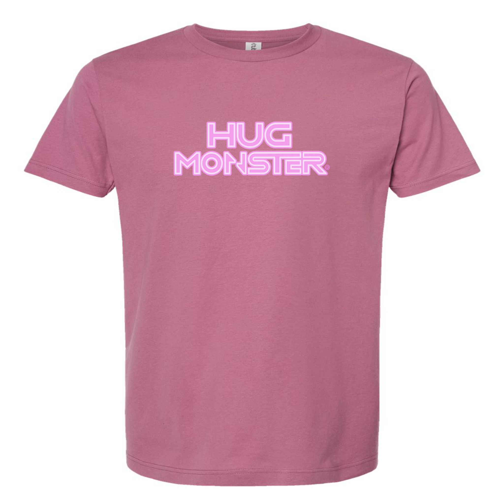 Hug Monster Electric Grid (Chalk Pink Logo) - Positive Message Graphic Tee in Soft Dusty Rose Pink – Front View