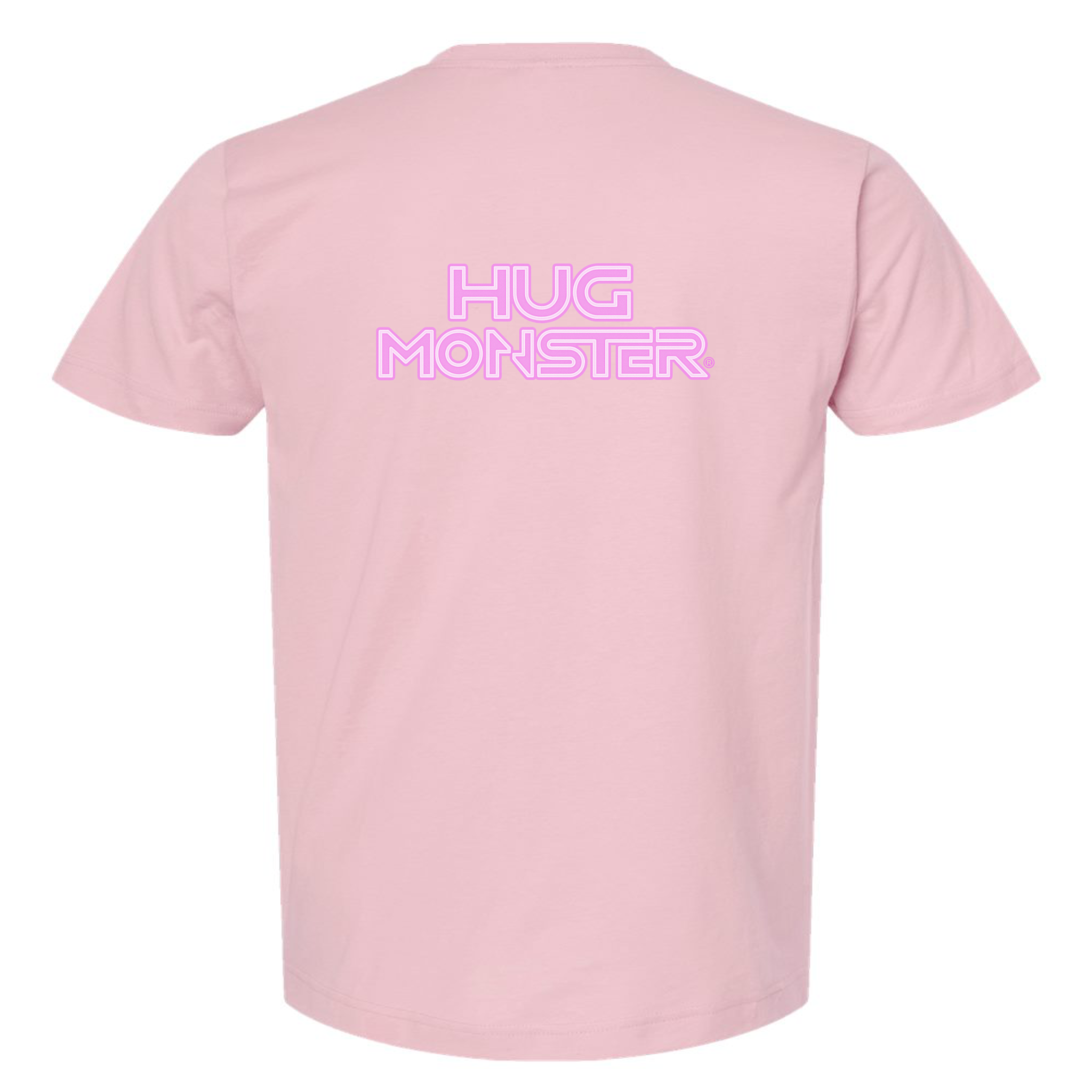 Hug Monster Electric Grid (Chalk Pink Logo) - Positive Message Graphic Tee in Soft Pink – Back View