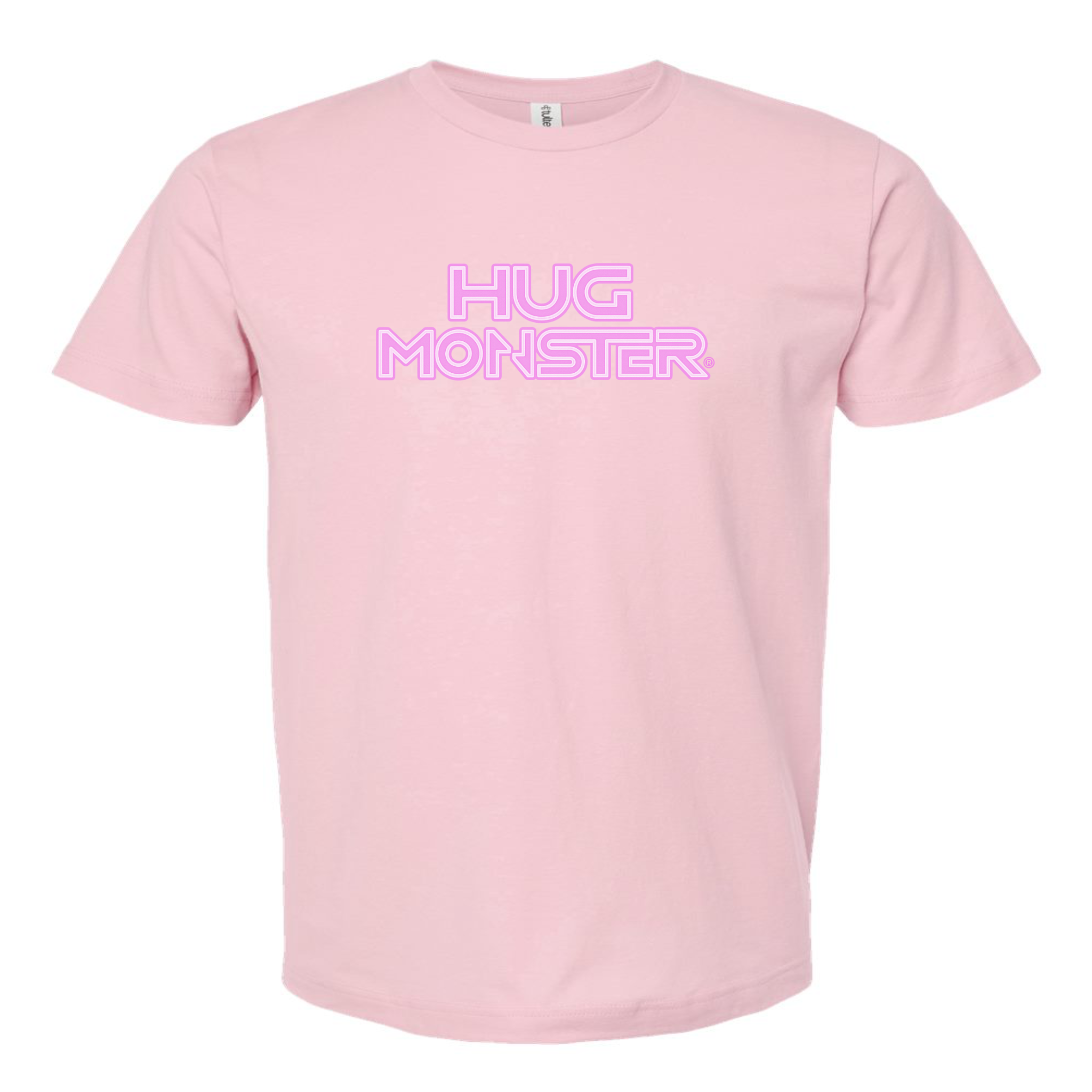 Hug Monster Electric Grid (Chalk Pink Logo) - Positive Message Graphic Tee in Soft Pink – Front View