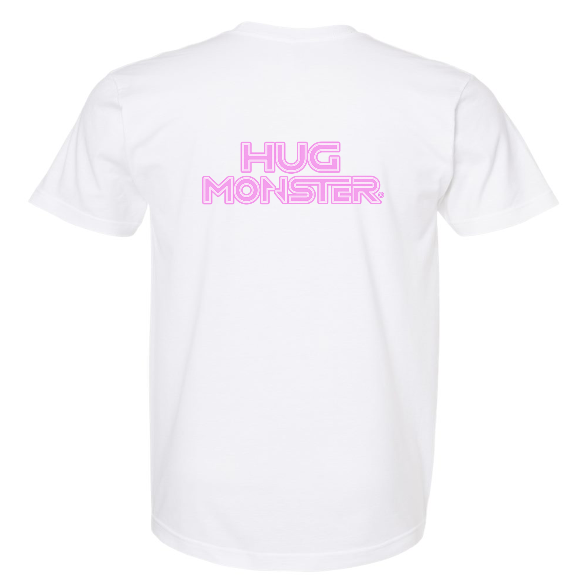 Hug Monster Electric Grid (Chalk Pink Logo) - Positive Message Graphic Tee in White – Back View