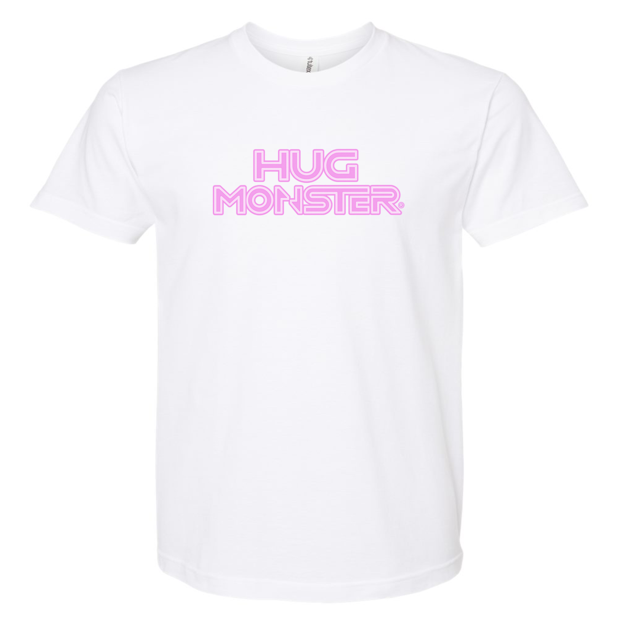 Hug Monster Electric Grid (Chalk Pink Logo) - Positive Message Graphic Tee in White – Front View