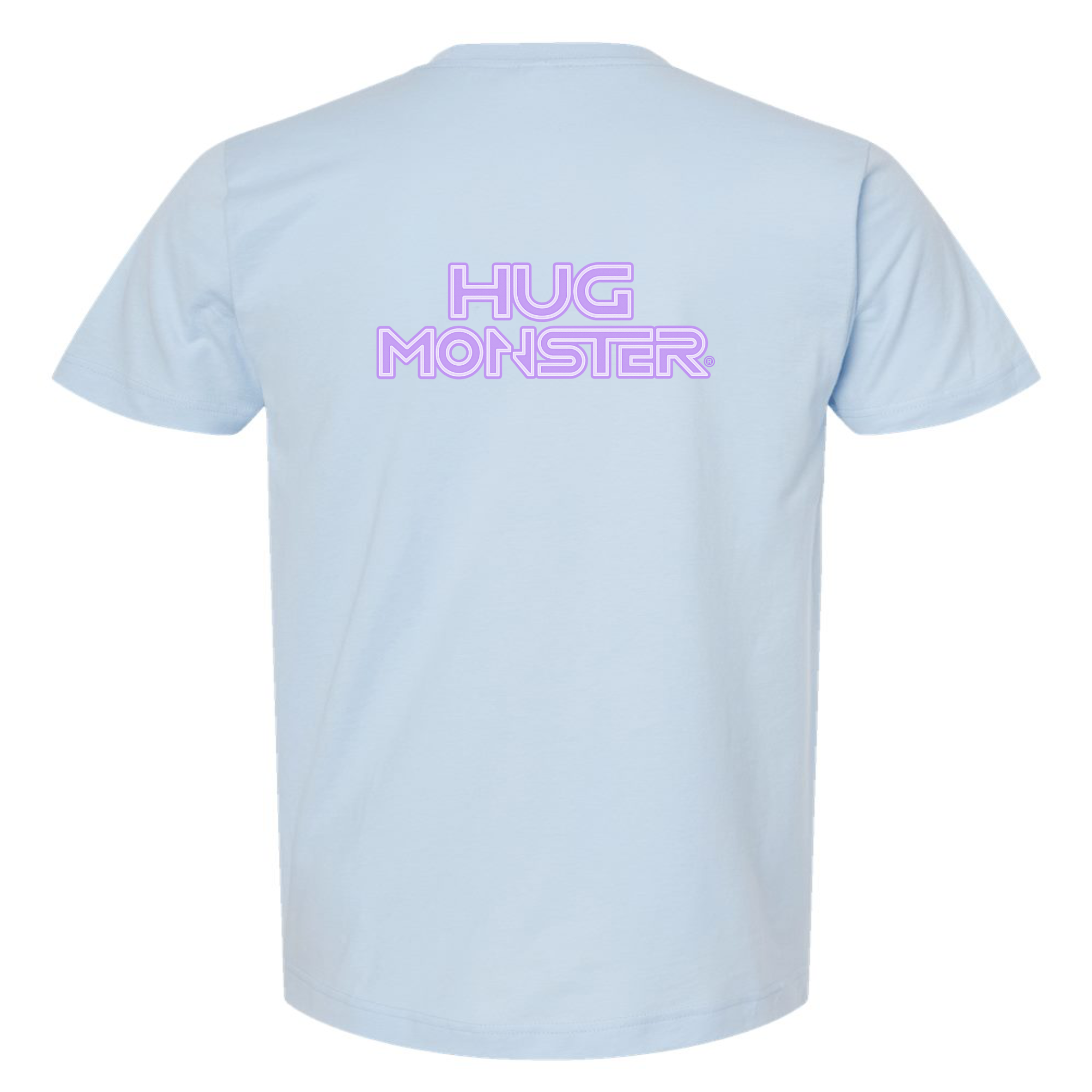 Hug Monster Electric Grid (Chalk Violet Logo) - Positive Message Graphic Tee in Baby Blue – Back View