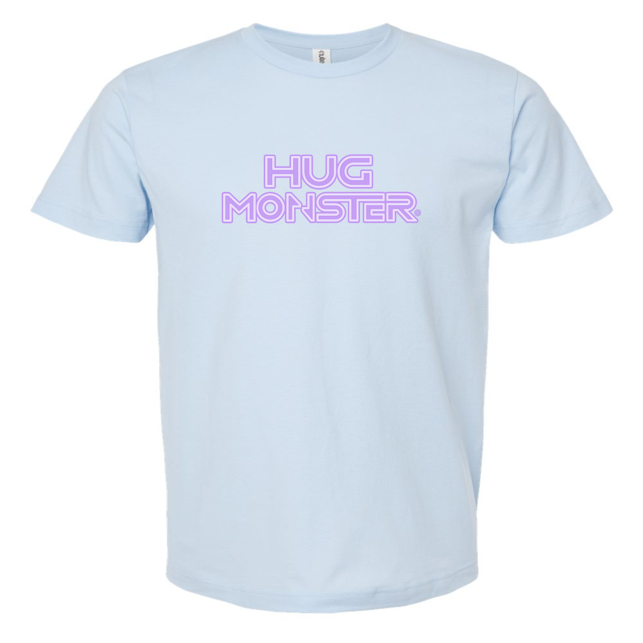 Hug Monster Electric Grid (Chalk Violet Logo) - Positive Message Graphic Tee in Baby Blue – Front View