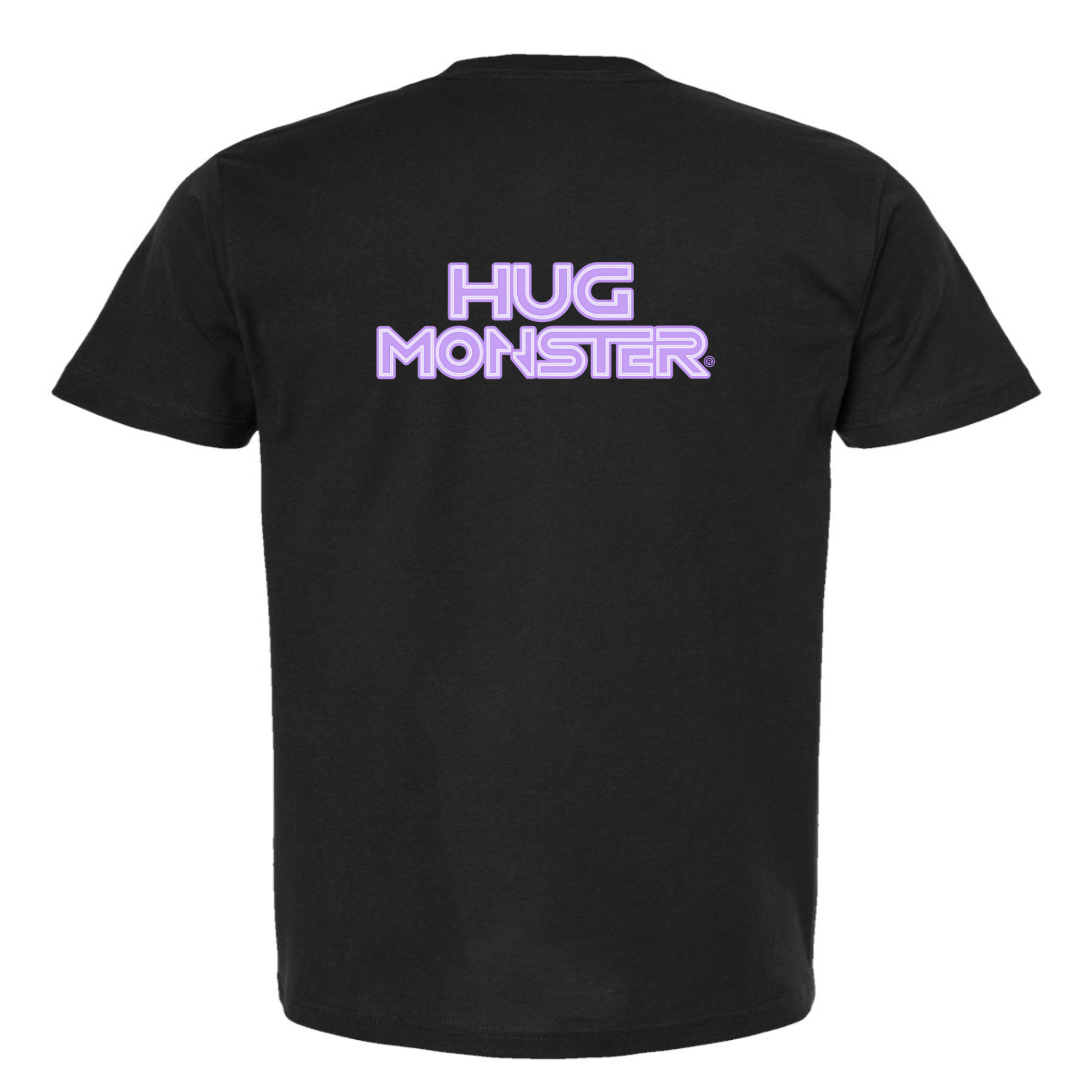 Hug Monster Electric Grid (Chalk Violet Logo) - Positive Message Graphic Tee in Black – Back View