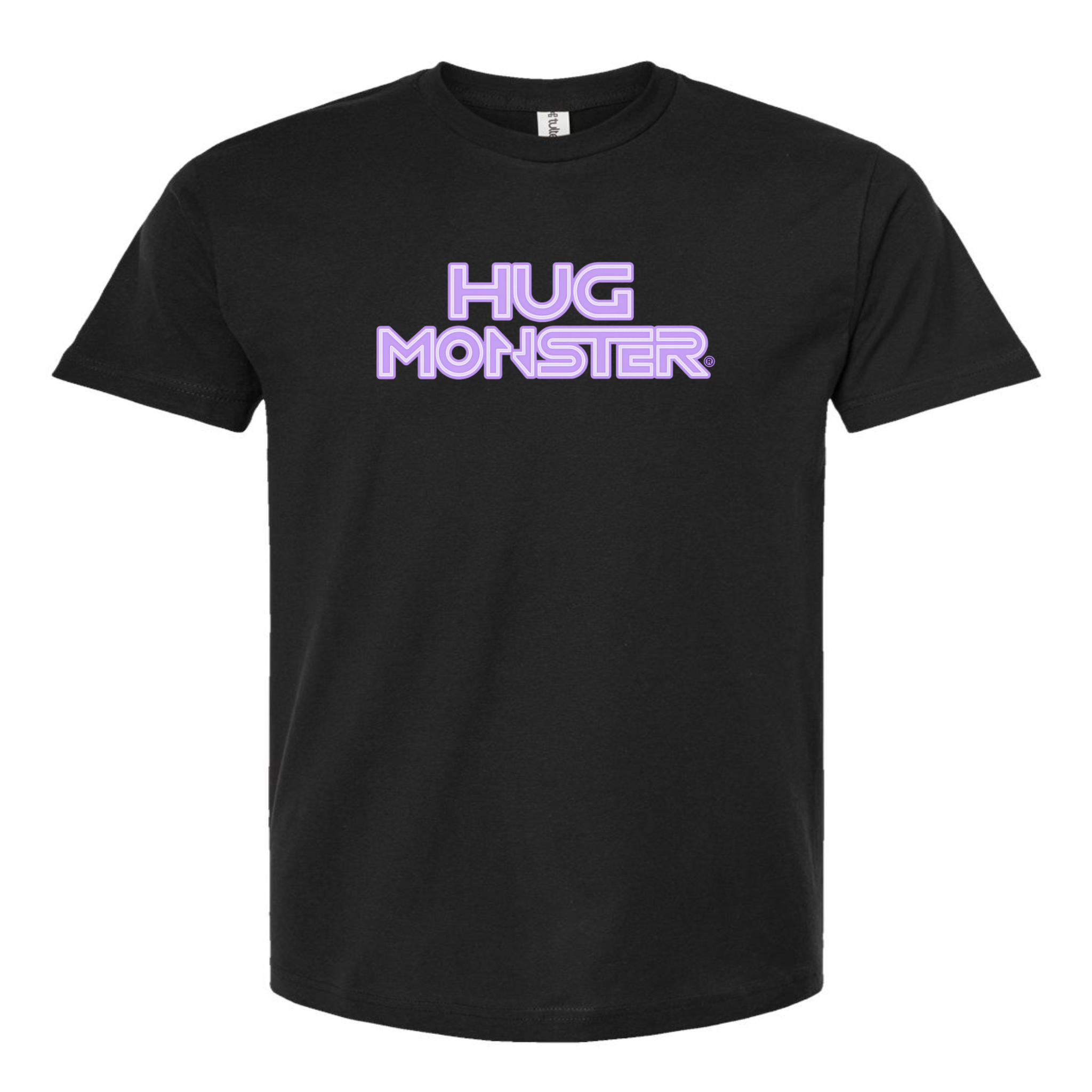 Hug Monster Electric Grid (Chalk Violet Logo) - Positive Message Graphic Tee in Black – Front View