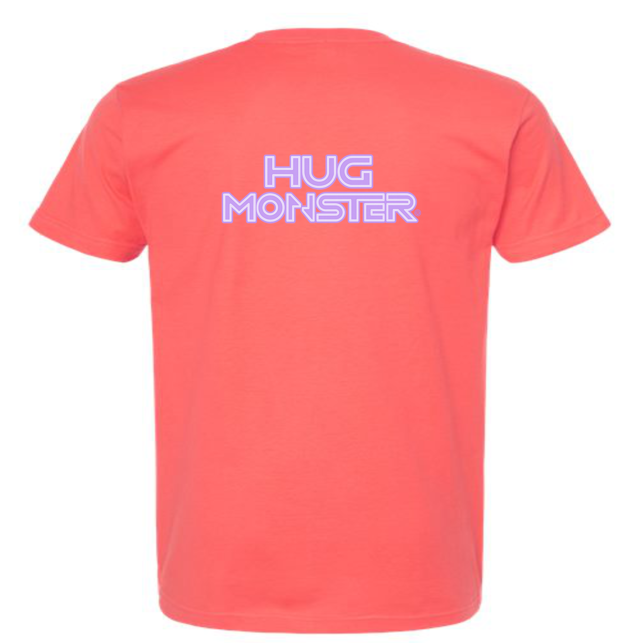 Hug Monster Electric Grid (Chalk Violet Logo) - Positive Message Graphic Tee in Bright Coral – Back View