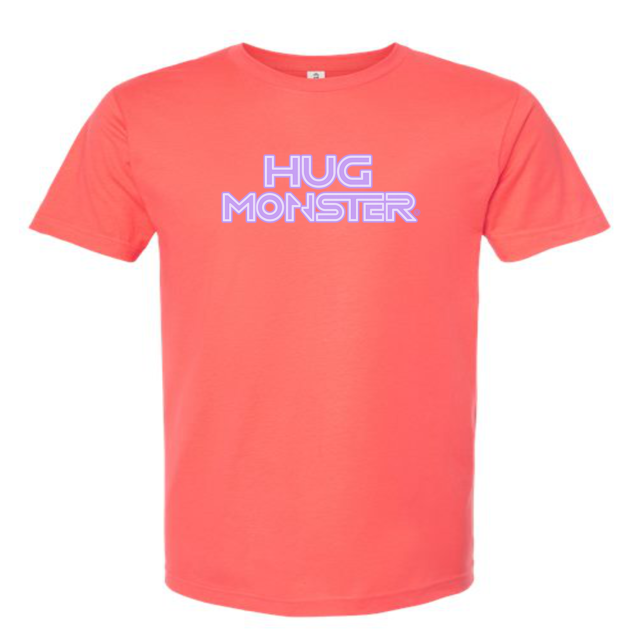 Hug Monster Electric Grid (Chalk Violet Logo) - Positive Message Graphic Tee in Bright Coral – Front View